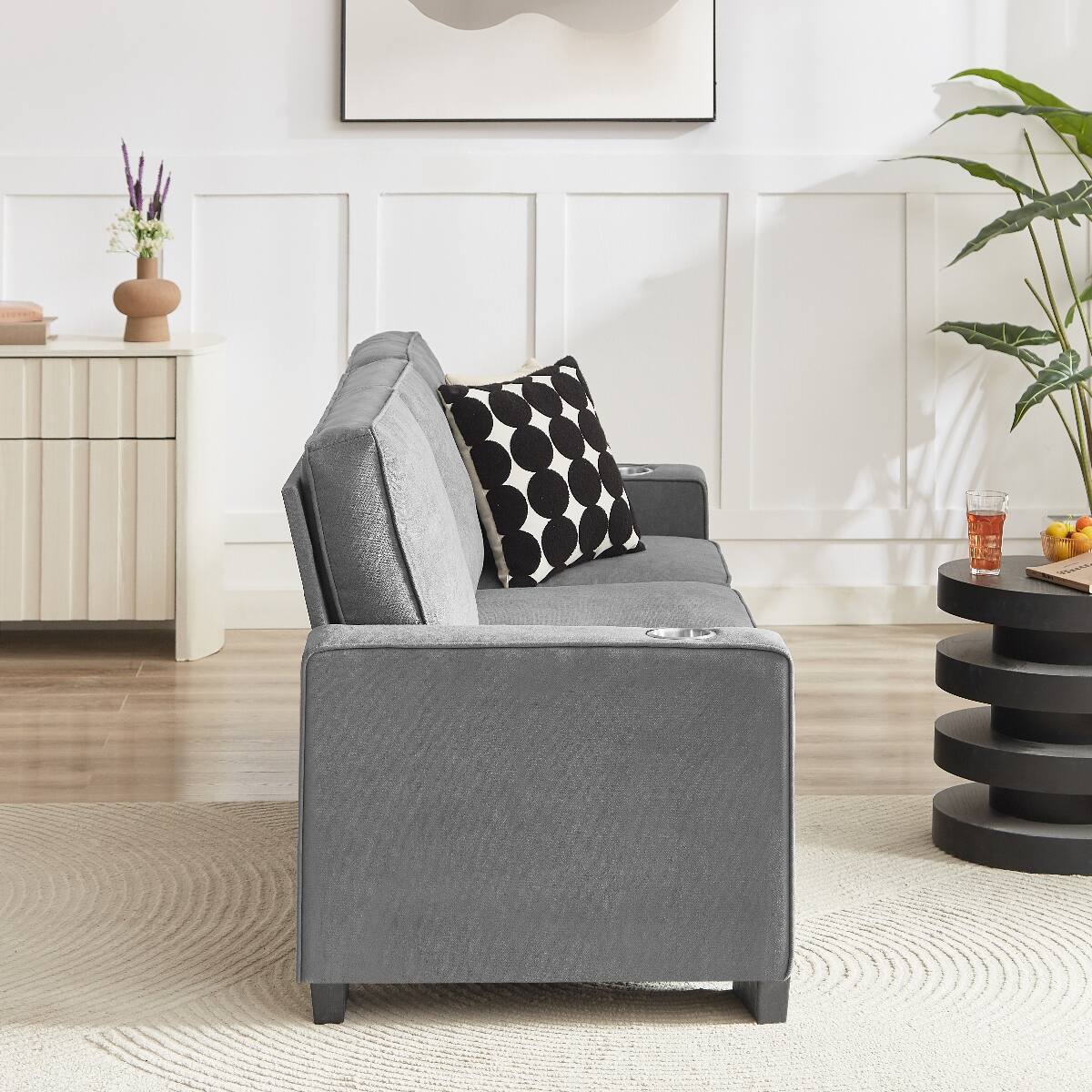 Back. Ropilly - Ropilly Gray 3 Seater Fabric Sofa Compressed Couch with Built In Cup Holders for Living Room Bedroom Office - Gray.