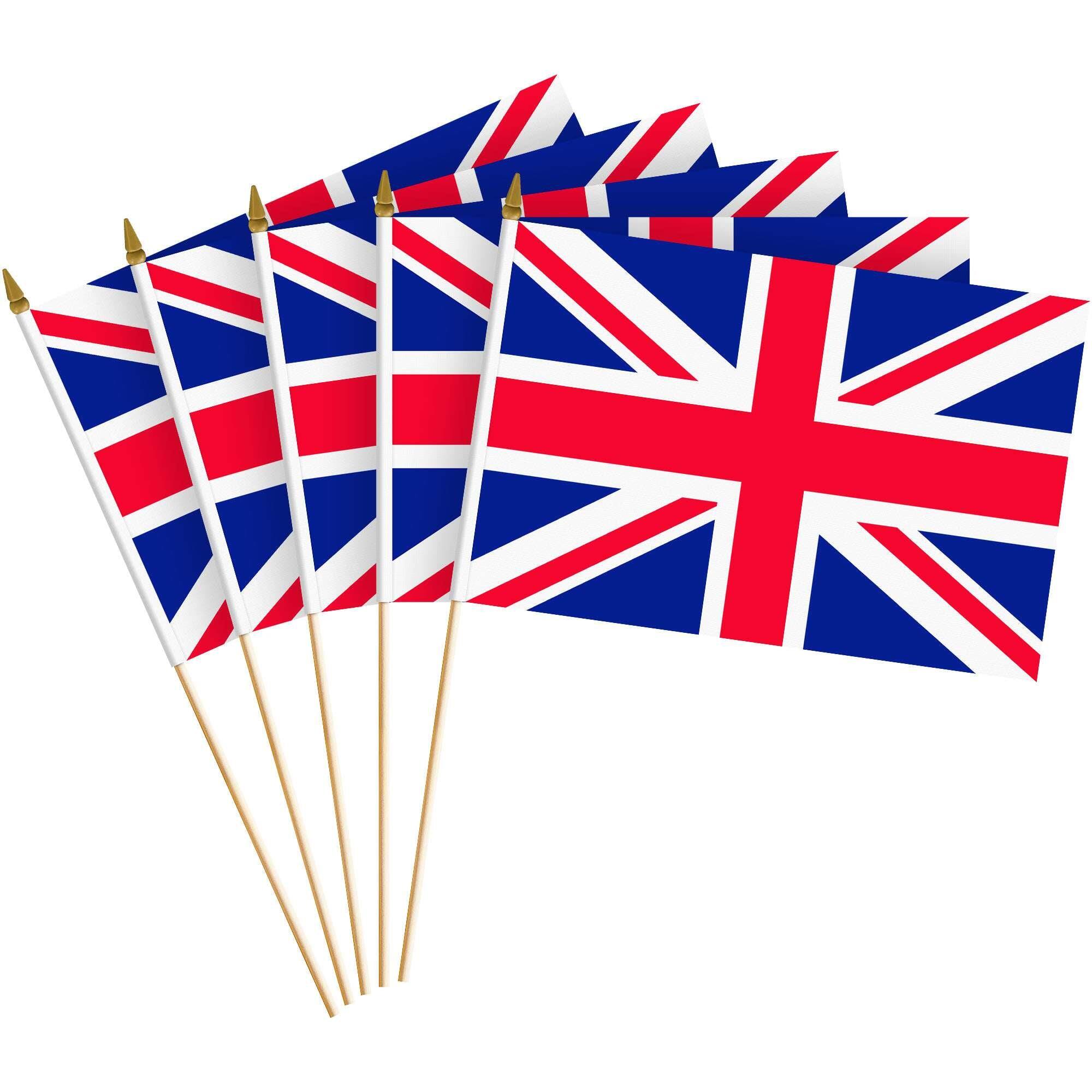 Front. G128 - Handheld United Kingdom UK Stick Flags 8x12 Inch Printed 150D Polyester 10 Pack - Red, White, Blue.