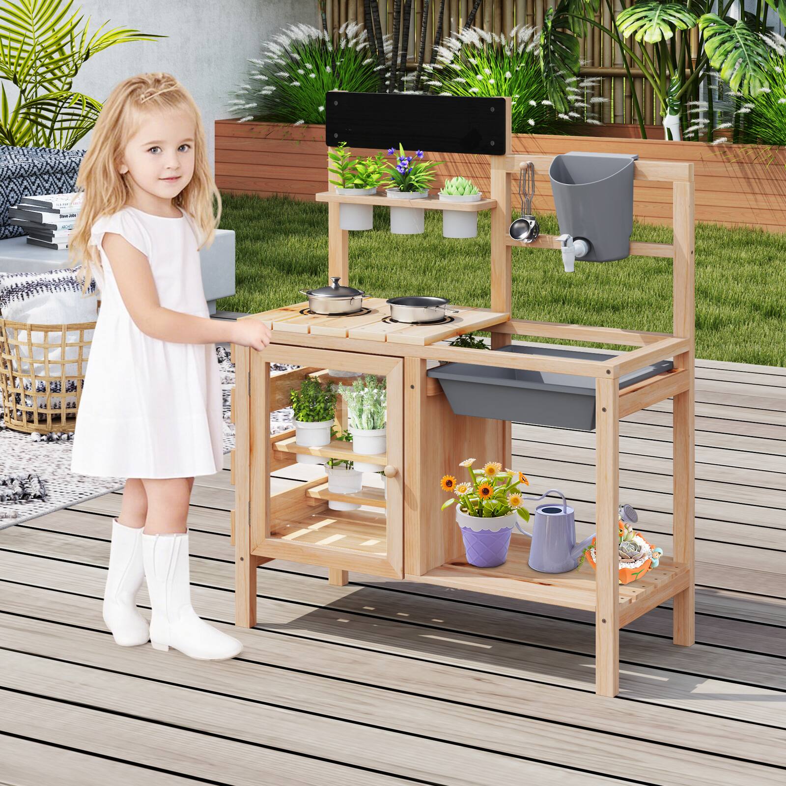 Alt View 1. Gymax - Gymax Mud Kitchen Kids Pretend Play Kitchen Toy Set Outdoor Wooden Kitchen Playset - Mix Gray.