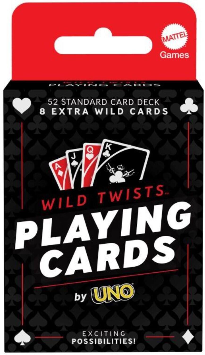 MATTEL Games  
PLAYING CARDS  
52 STANDARD CARD DECK  
8 EXTRA WILD CARDS  
WILD TWISTS  
PLAYING CARDS  
by UNO  
EXCITING POSSIBILITIES!