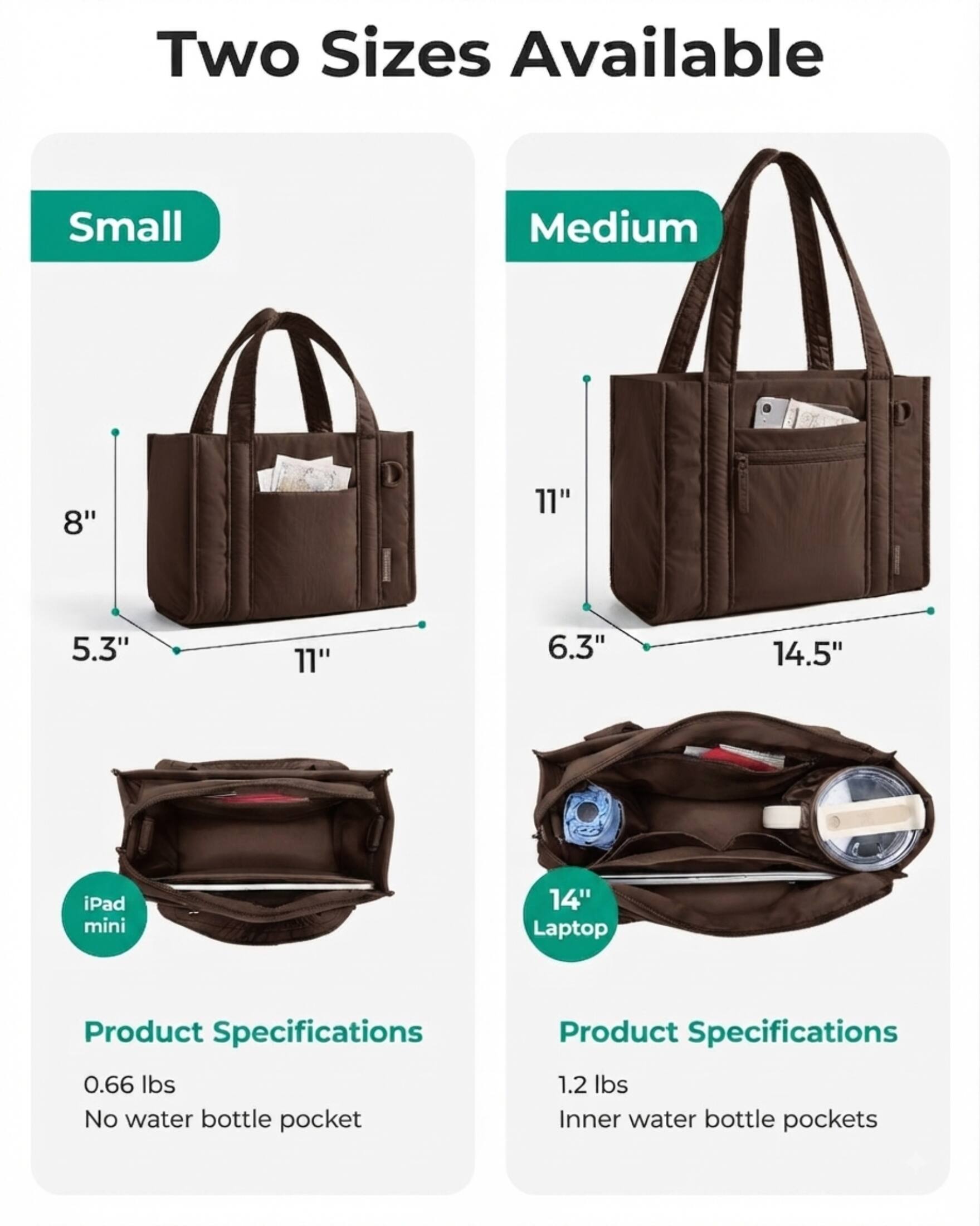 Two Sizes Available

Small
- 8"
- 5.3"
- 11"

Medium
- 11"
- 6.3"
- 14.5"

iPad mini
14" Laptop

Product Specifications
- Small: 0.66 lbs, No water bottle pocket
- Medium: 1.2 lbs, Inner water bottle pockets