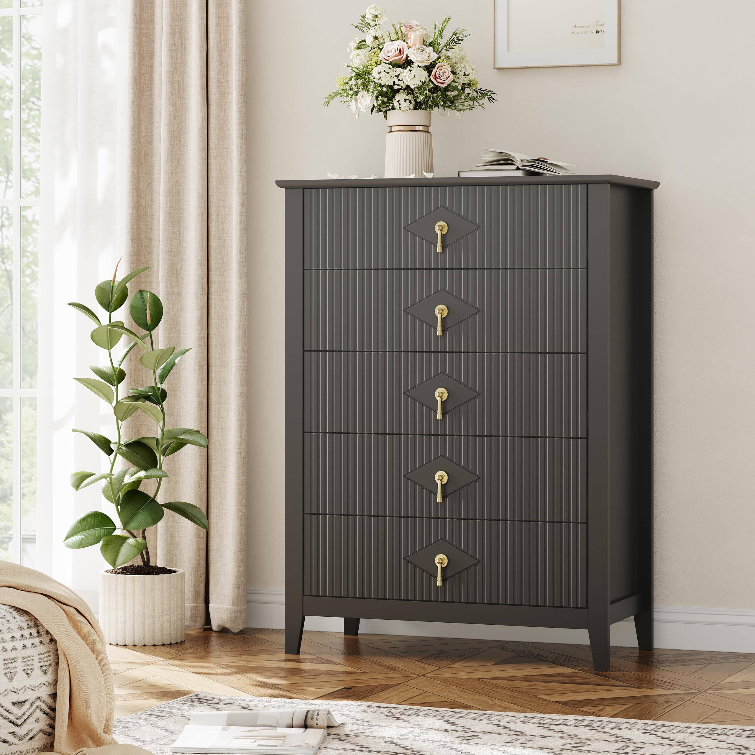 Alt View 2. Babevy - Fluted 5-Drawer Dresser, 42.9" Tall Modern Wooden Chest with Gold Handles for Bedroom or Living Room - Black.