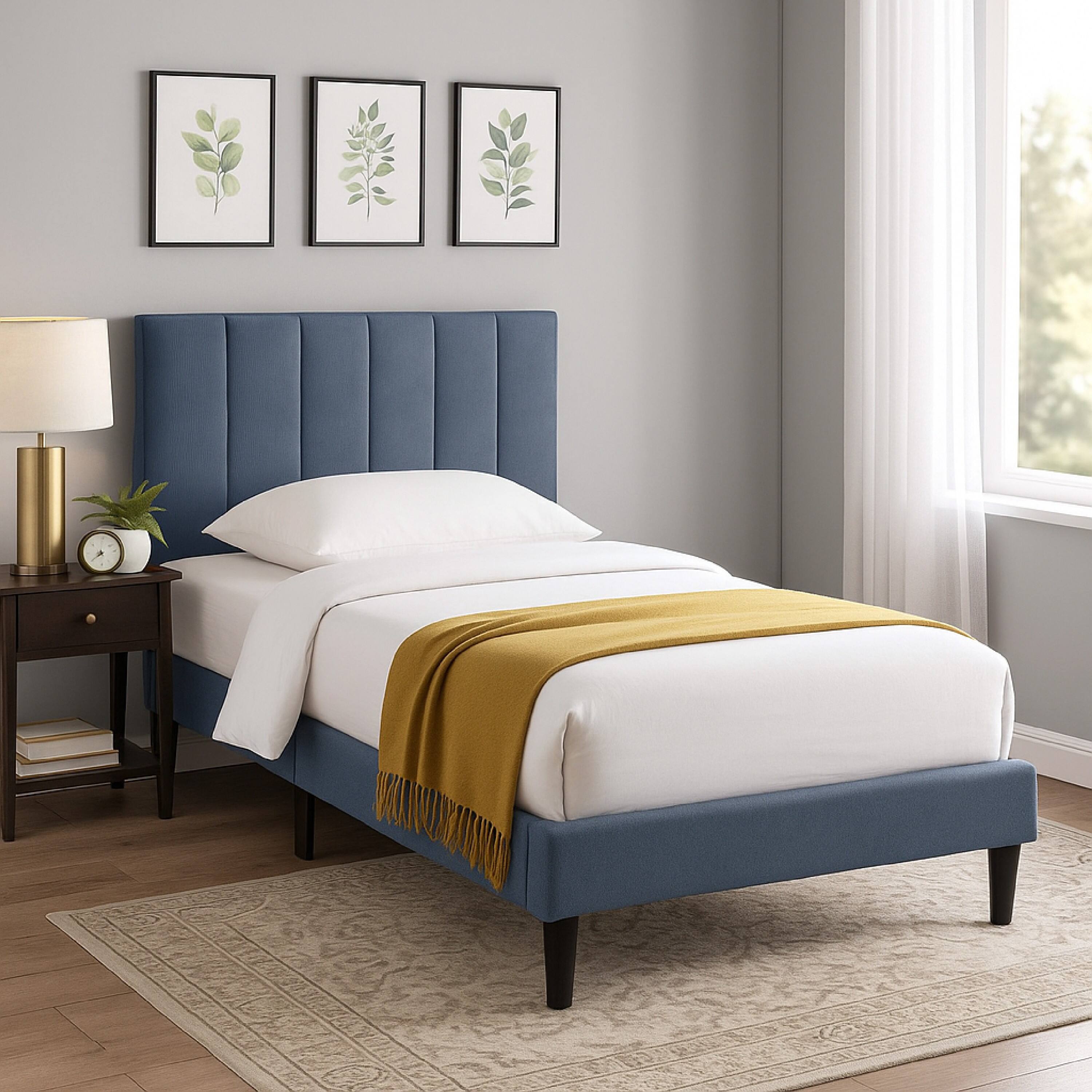 Alt View 5. Manhattan Lane - Lilian Twin Bed, Soft Channel Tufted Charcoal Gray Linen Upholstery - Charcoal Gray, Black.