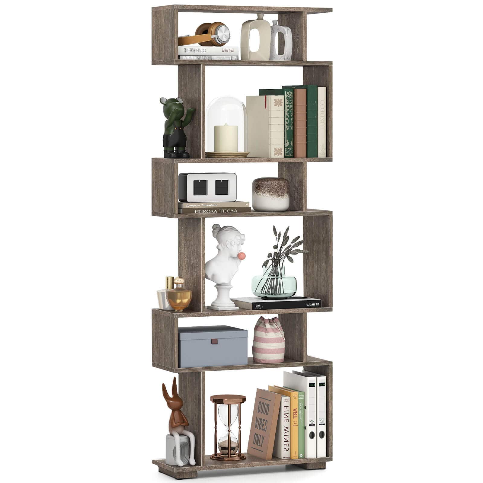 Costway - 6-tier Storage Bookshelf with Anti-toppling Kits, Decorative Room Divider for Study - Walnut