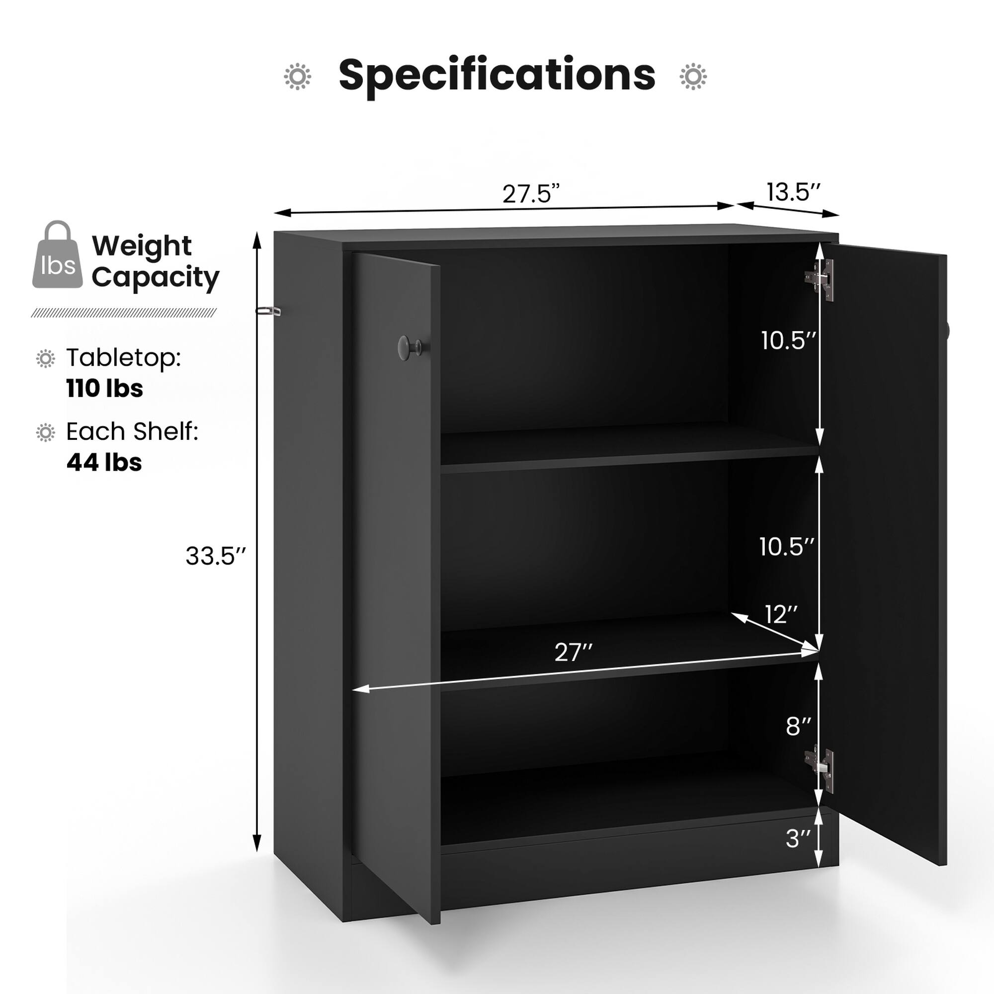 Specifications

Weight Capacity
Tabletop: 110 lbs
Each Shelf: 44 lbs

Dimensions
27.5"
13.5"
10.5"
33.5"
10.5"
27"
12"
8"
3"