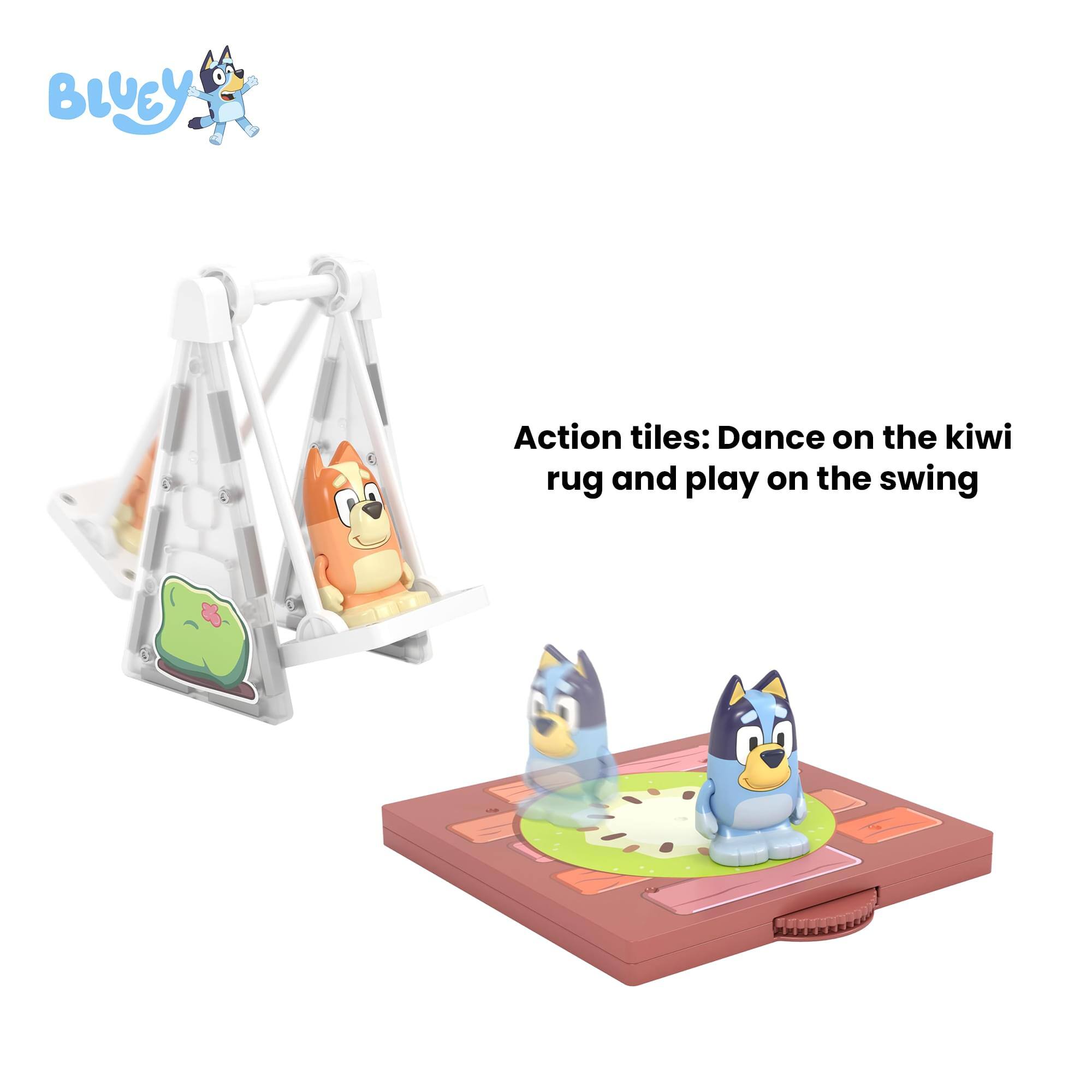 BLUEY Action tiles: Dance on the kiwi rug and play on the swing