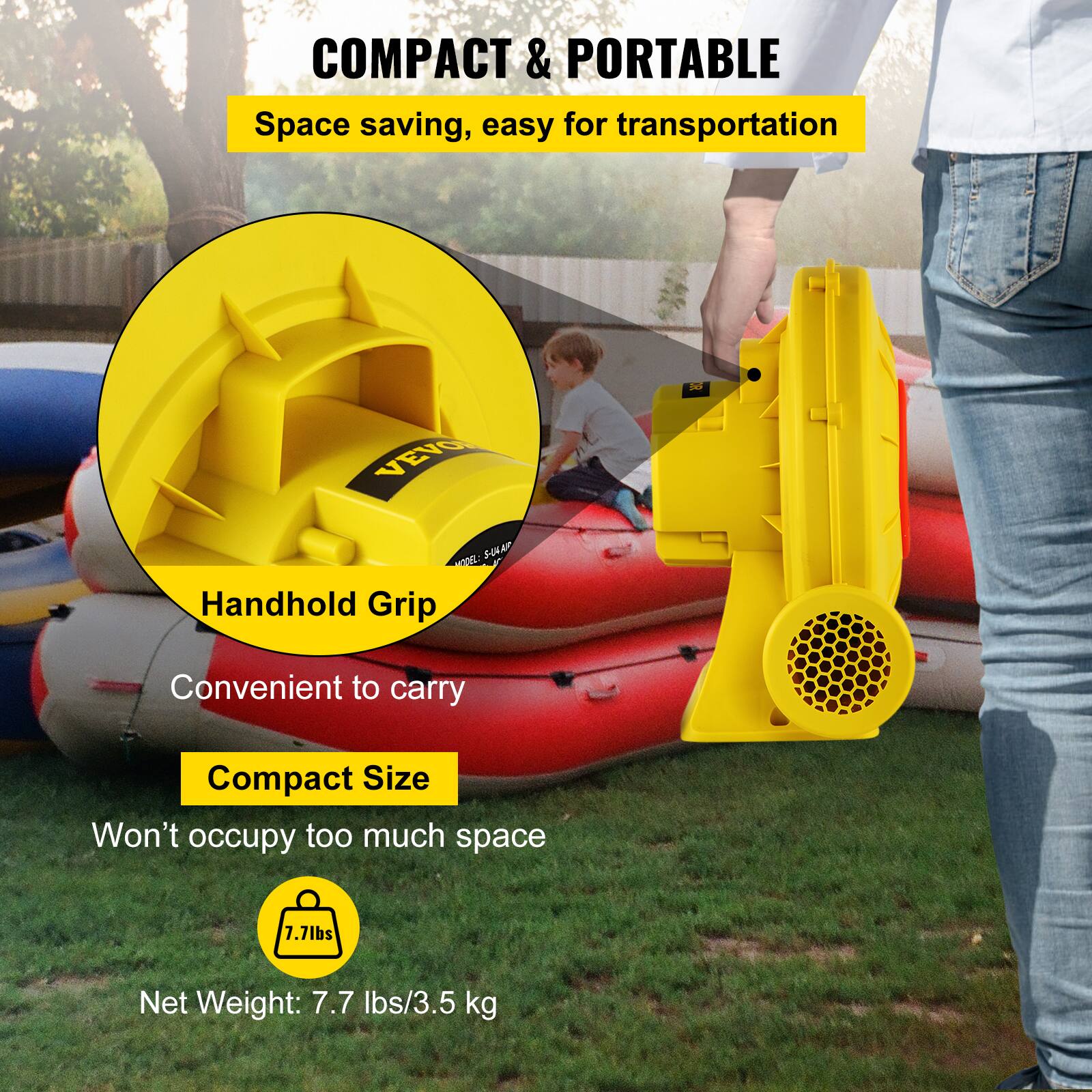 COMPACT & PORTABLE  
Space saving, easy for transportation  

VEVOR ODEL: S-UA Handhold Grip  
Convenient to carry  
Compact Size  
Won't occupy too much space  

7.7lbs  
Net Weight: 7.7 lbs/3.5 kg