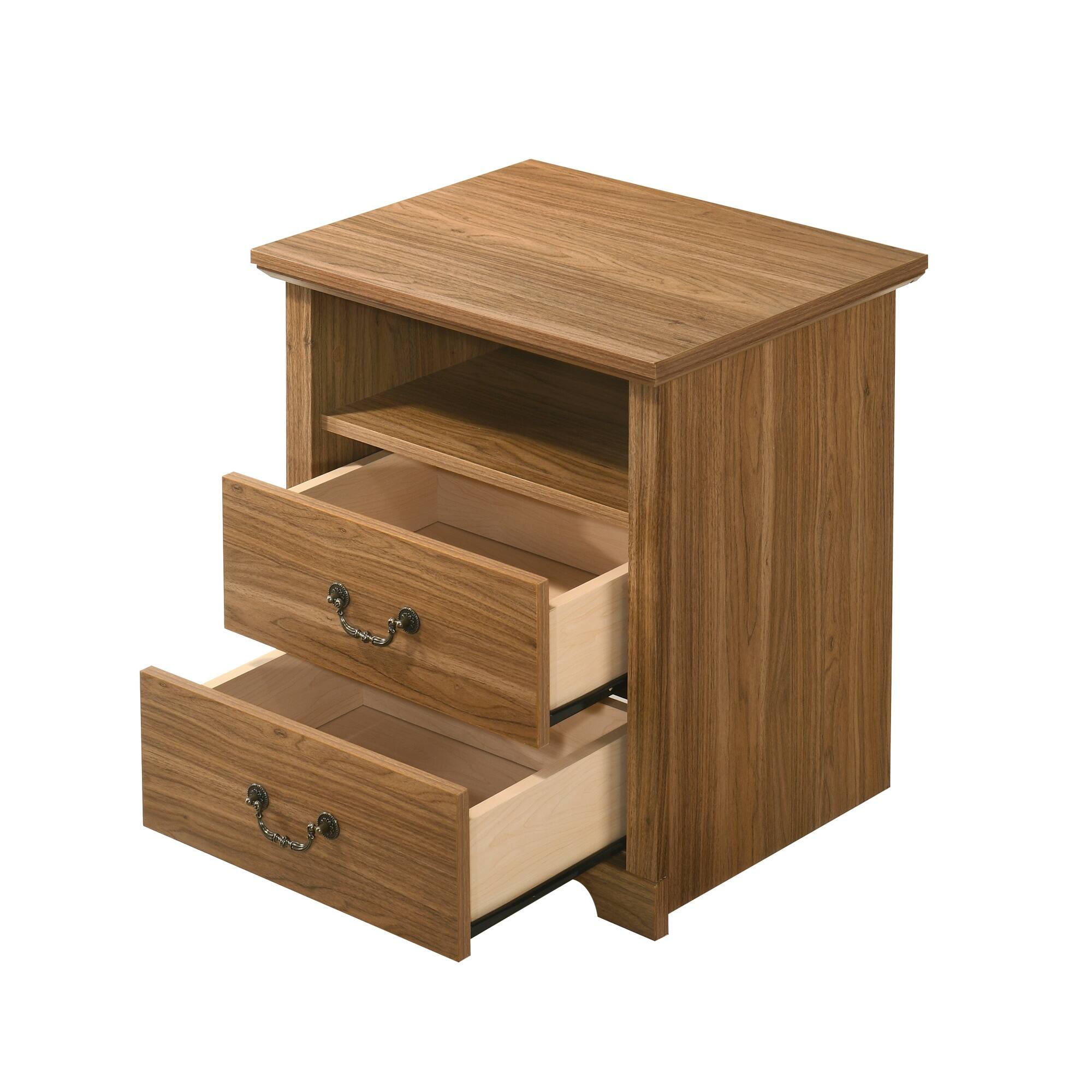 Back. Vaczon - Rustic Walnut Nightstands (Set of 2) with Open Shelf and 2 Drawers - Walnut.