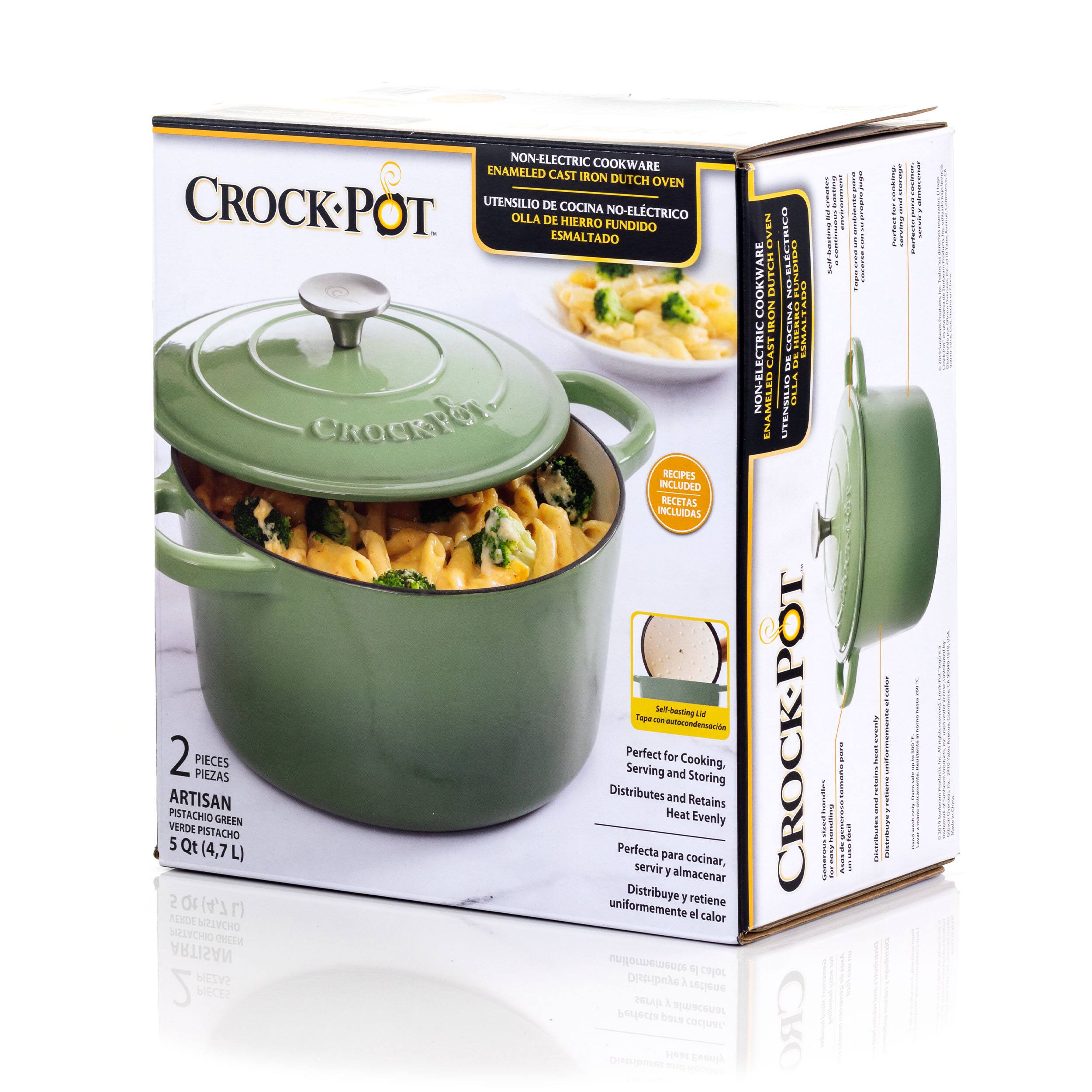 Crock-Pot Non-Electric Enamel Cast Iron Dutch Oven 5 Quart (4.7 L) for cooking, serving and storing. Perfect for PIECES. Artisan Distributes and Retains Heat Evenly. PISTACHIO GREEN.