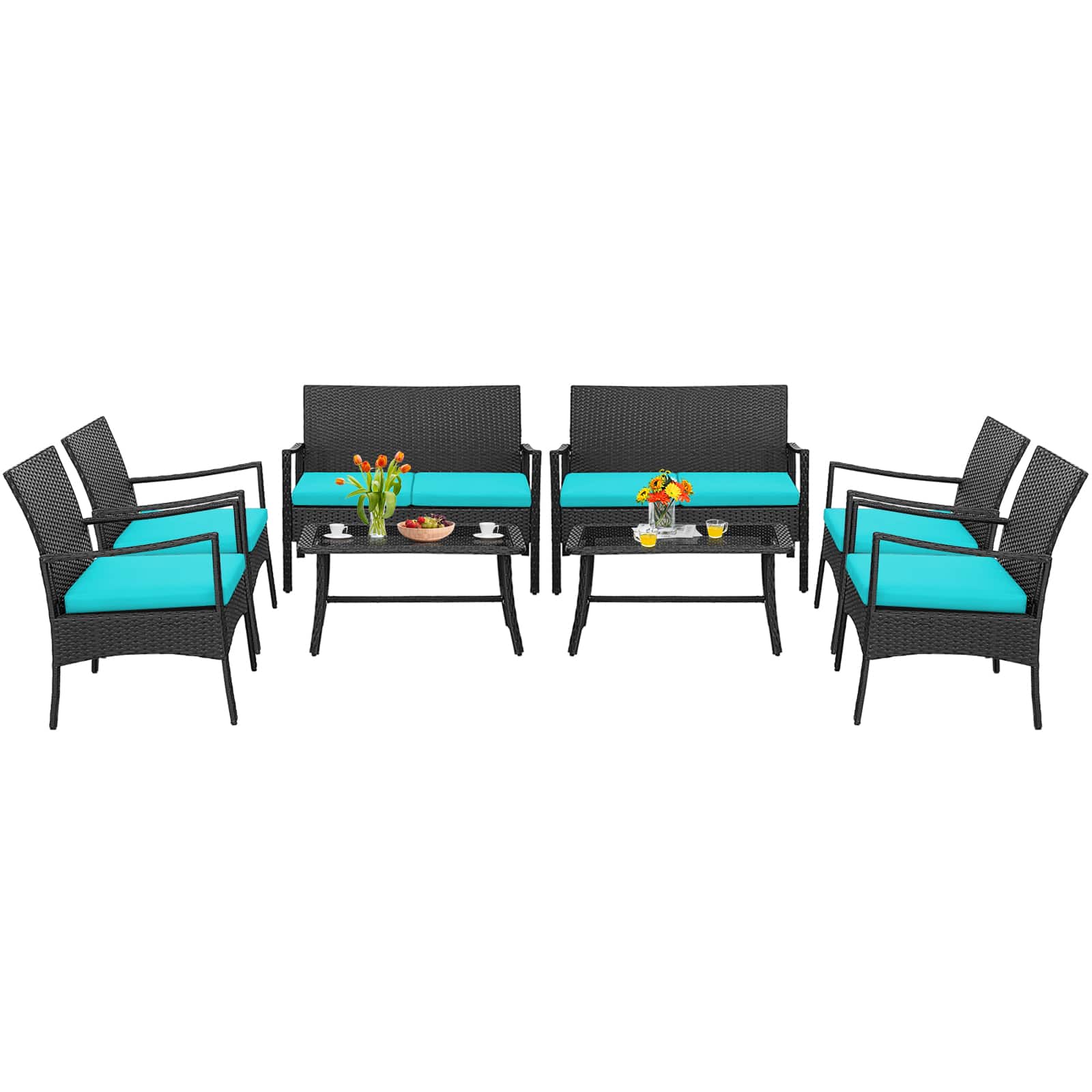 Costway - 8PCS Patio Wicker Furniture Set Cushioned Chairs& Loveseat with Coffee Table Garden - Turquoise