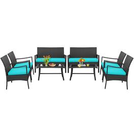 Costway - 8PCS Patio Wicker Furniture Set Cushioned Chairs& Loveseat with Coffee Table Garden - Turquoise