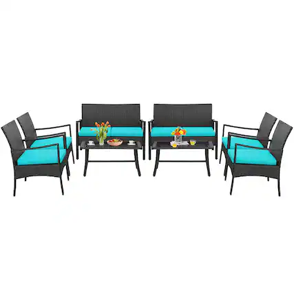 Front. Costway - Costway 8PCS Patio Wicker Furniture Set Cushioned Chairs& Loveseat with Coffee Table Garden - Turquoise.