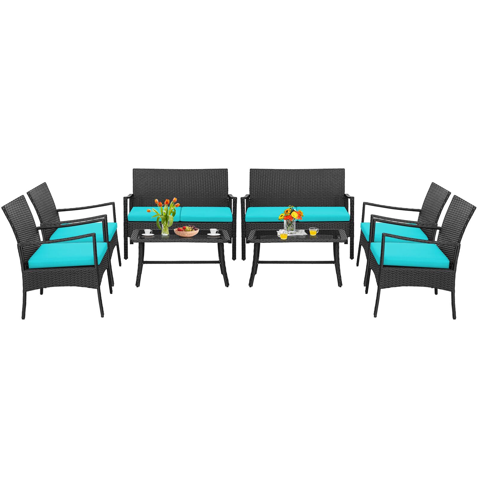 Front. Costway - Costway 8PCS Patio Wicker Furniture Set Cushioned Chairs& Loveseat with Coffee Table Garden - Turquoise.