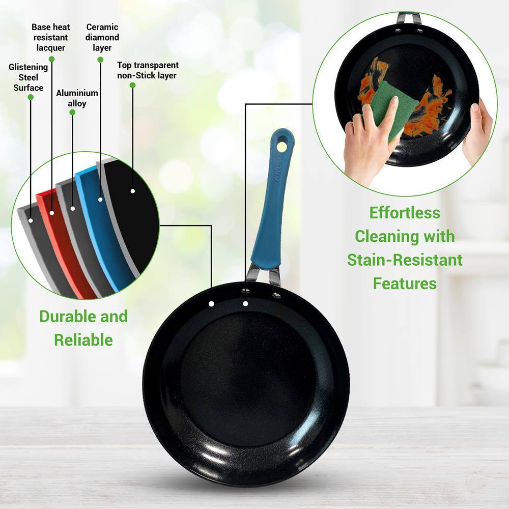 - Base heat resistant lacquer
- Ceramic diamond lacquer layer
- Top transparent non-Stick layer
- Glistening Steel Surface
- Aluminium alloy
- Effortless Cleaning with Stain-Resistant Features
- Durable and Reliable