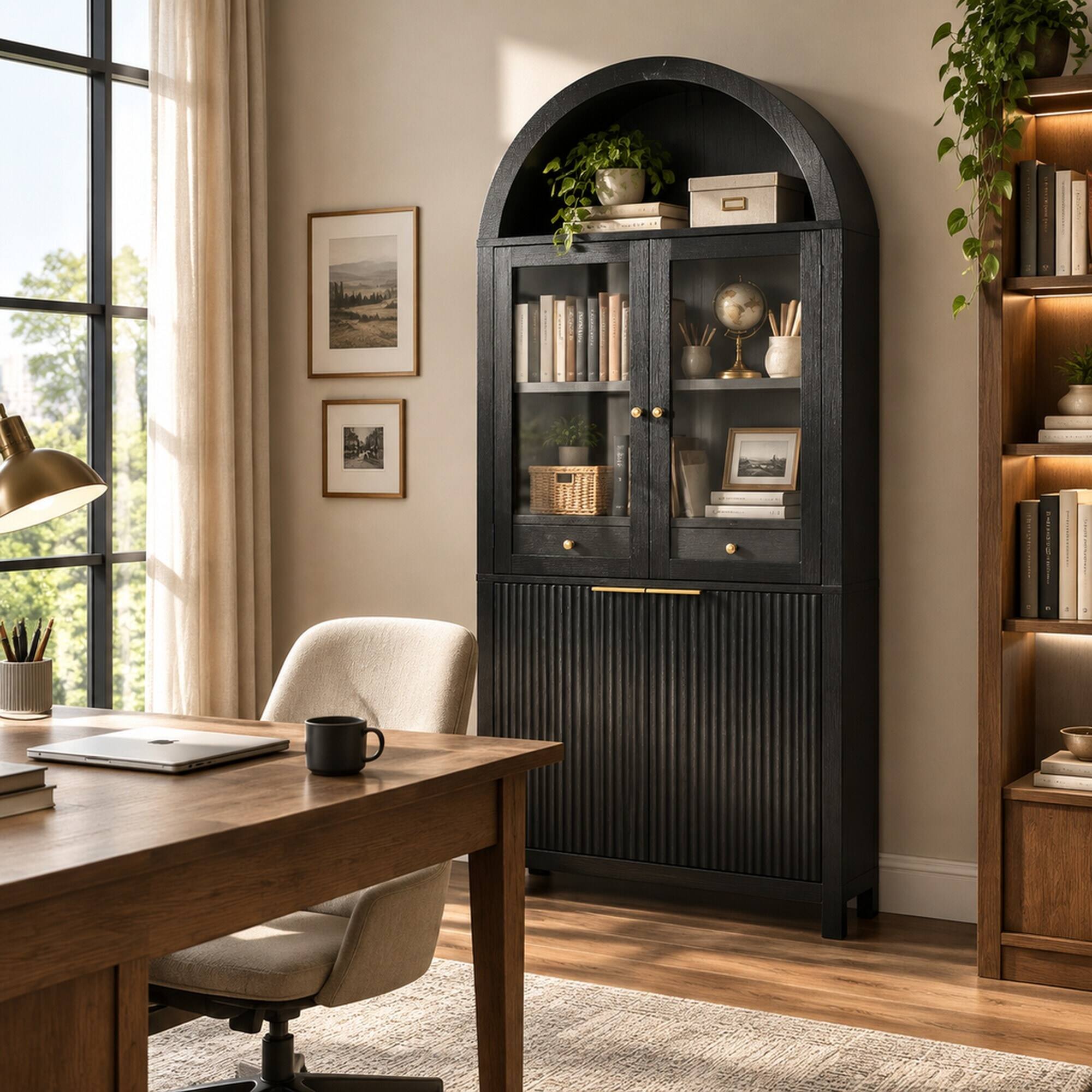 Left. RYHNUYNE - Freestanding 71 Inch Fluted Tall Arched Pantry Cabinet with Adjustable Shelves, Hidden Drawer and Glass Door, Black - Black.
