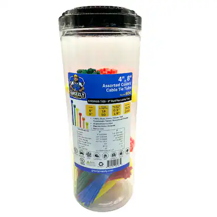 4", 8" Assorted Colors Cable Tie Tube GRIZZLY Pleces 600 CoL Resisable The 5 BONUS TIES 8 Red - SAR - Lag I -arer 300 bragh 4" 18 0.9" 300 B" 50 1.9" Vellom And Colors: biue. Green Drange Fluorescent Velllewe Plugrvscest s0 pieces/colar/aire Fleaible Nylen Meteial Mdoor UMe Sectaor Unghy 7.9-300-F) W 4 202mei /0) M Burche NO 2.5mml Arenc Coat 17 Tena NO D T5 - 2 M 4D 45761 F 1m - 40T AY FOAS ne Hatun N - - / Te AM-7 a - BaPt 21 tao -T4al-Celared-OC + adaas 5 M d HM grizzlysupply.com