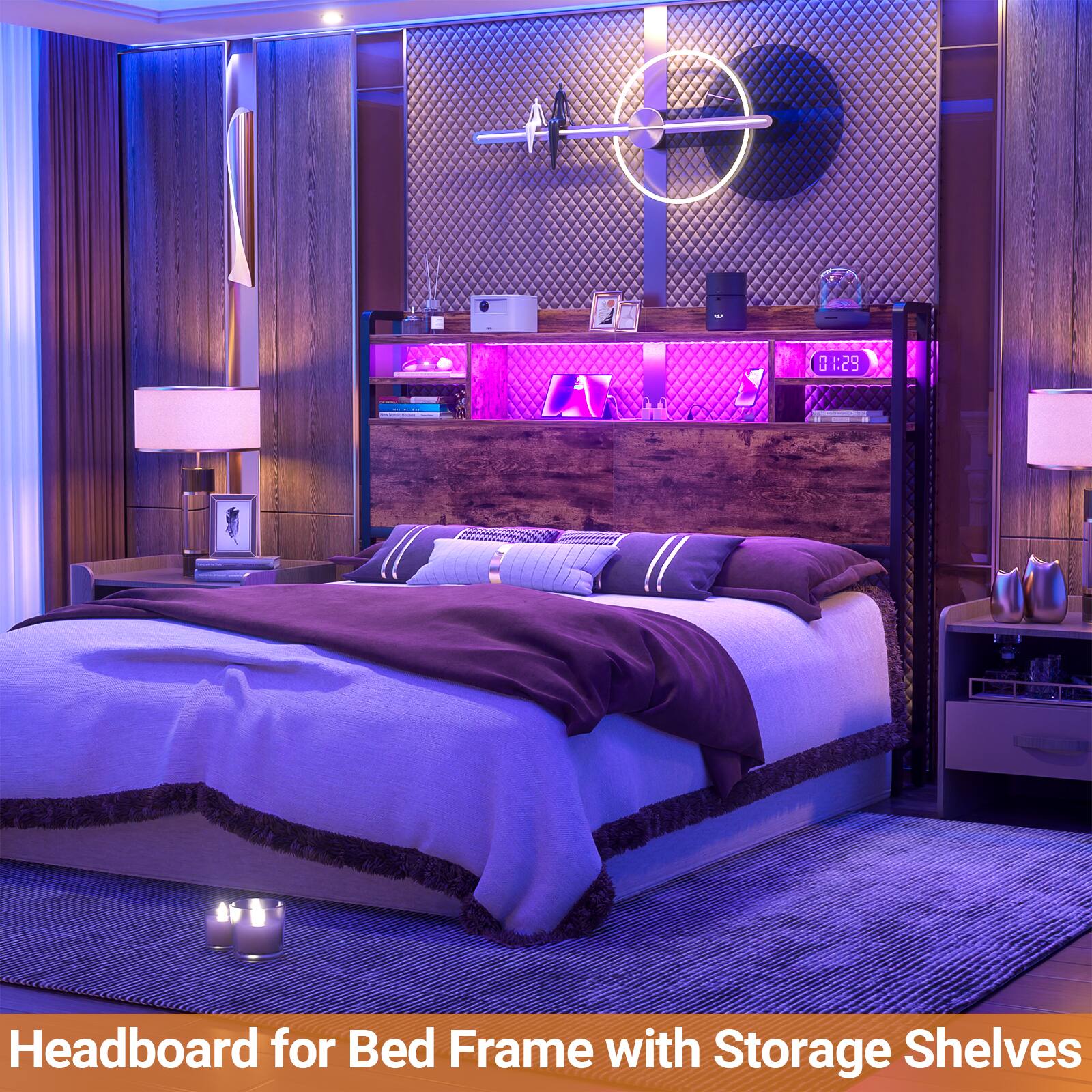Headboard for Bed Frame with Storage Shelves