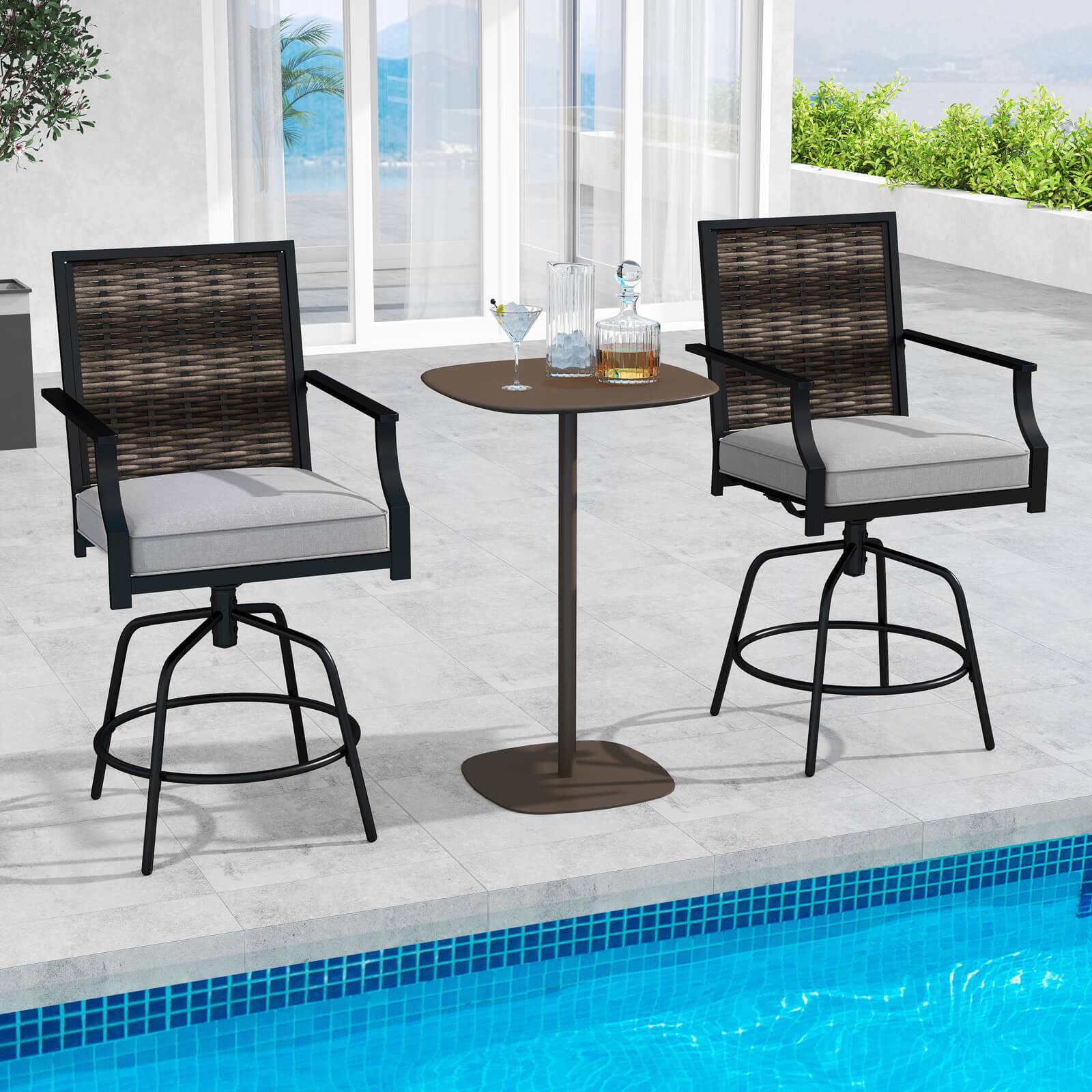 Alt View 2. Costway - Costway Outdoor PE Wicker Swivel Bar Stools Set of 2 with Back Armrests and Cushion - Mix Gray + Gray.