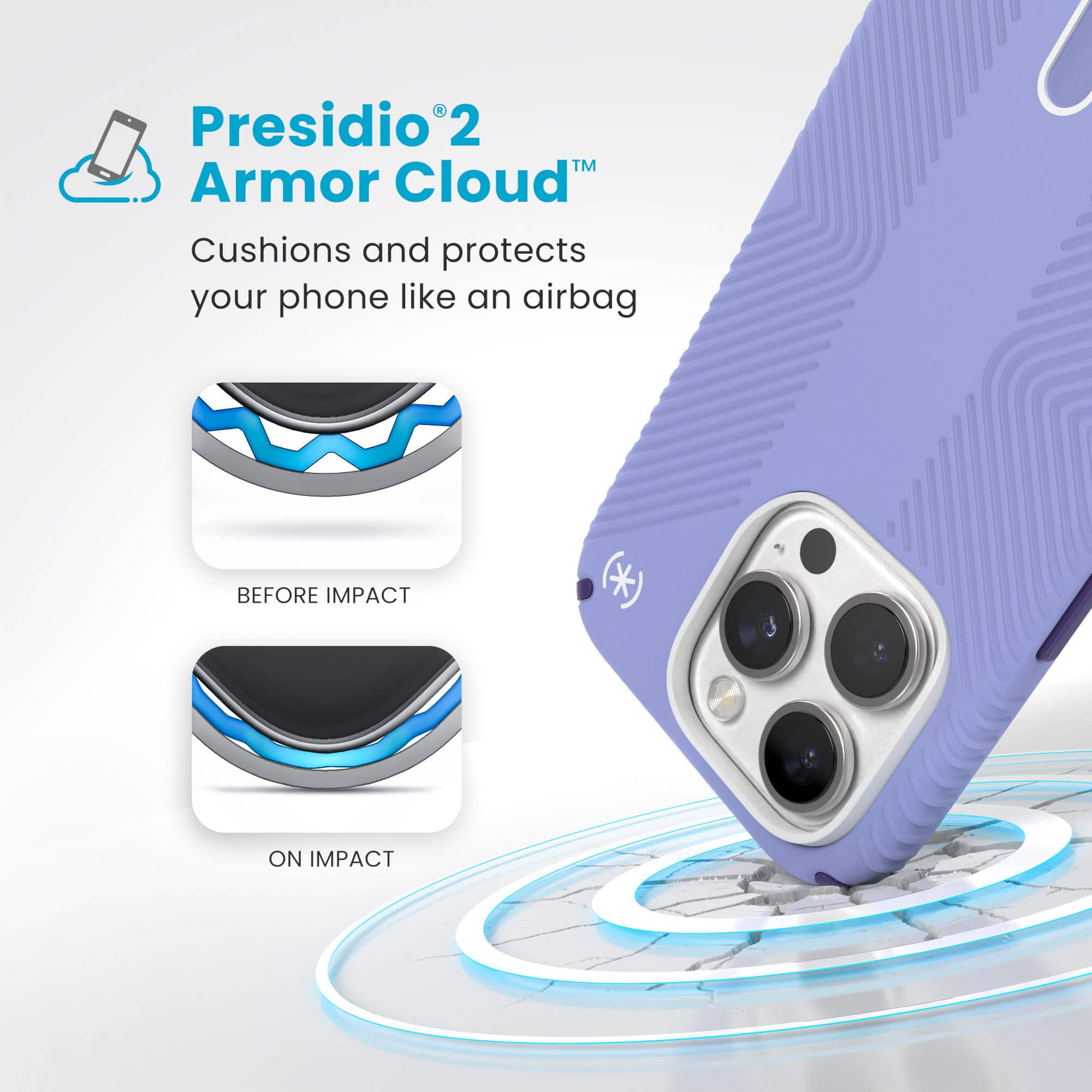 Presidio 2 Armor Cloud: Cushions and protects your phone like an airbag BEFORE IMPACT) ON IMPACT
