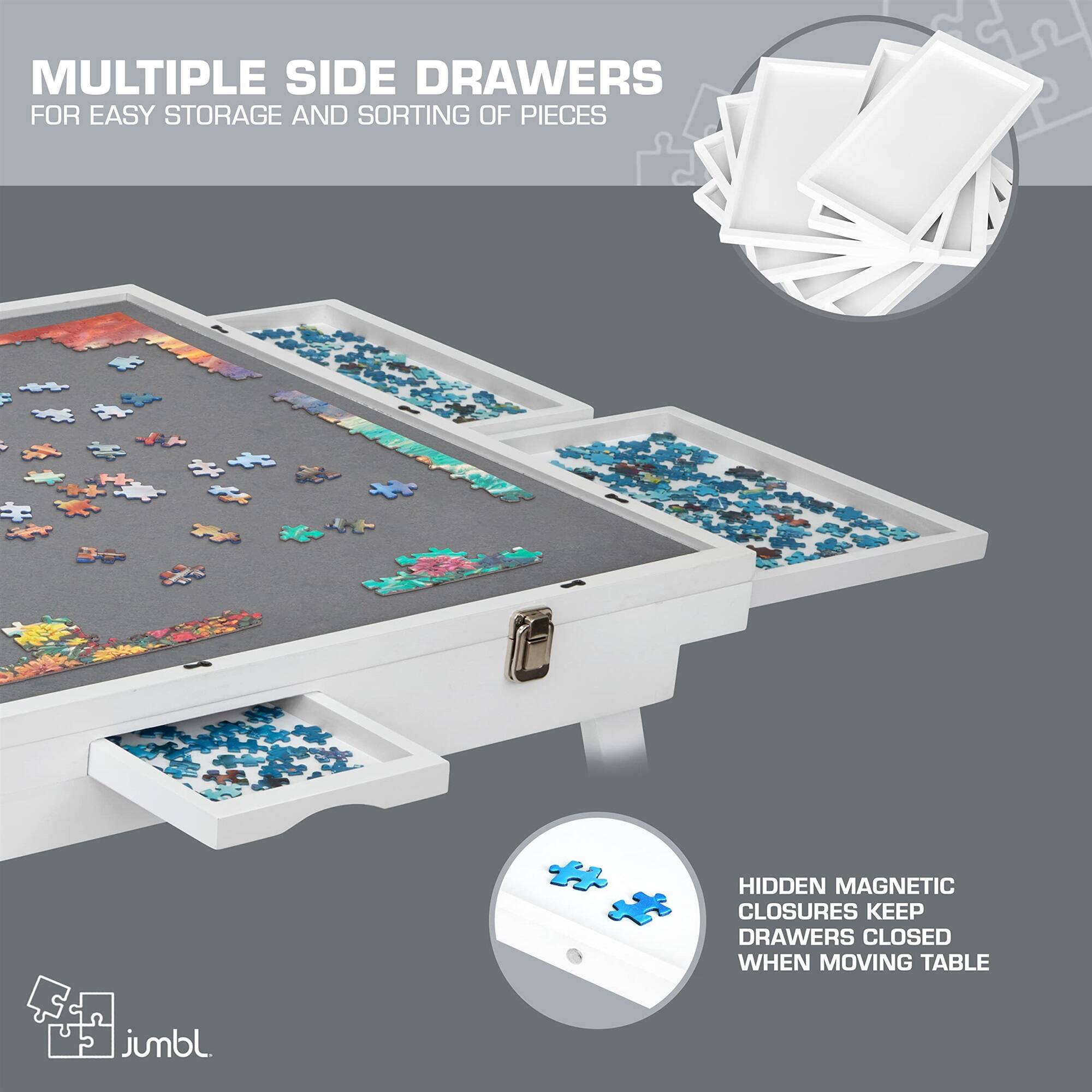 MULTIPLE SIDE DRAWERS FOR EASY STORAGE AND SORTING OF PIECES
HIDDEN MAGNETIC CLOSURES KEEP DRAWERS CLOSED WHEN MOVING TABLE
jumbl