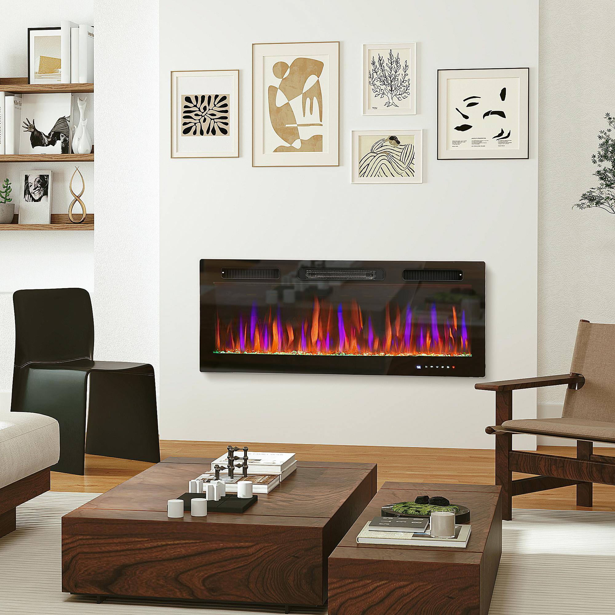 Alt View 4. Resenkos - 42" Electric Fireplace Recessed and Wall Mounted, Freestanding, 1500W Ultra-thin with Adjustable Flame, Black - Black.