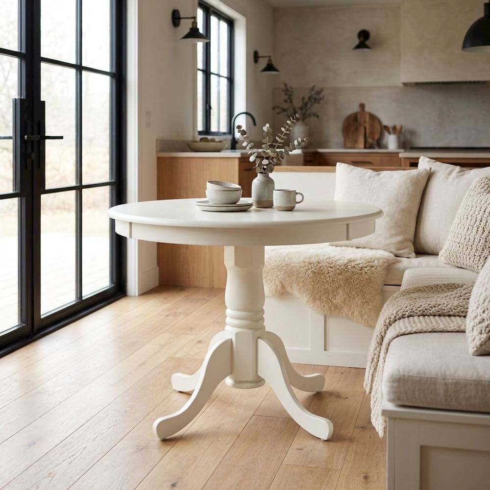 Alt View 2. FurniFact - Elegant Round Small Dining Table – White Finish, Ideal for 2 or 4 - Linen White.