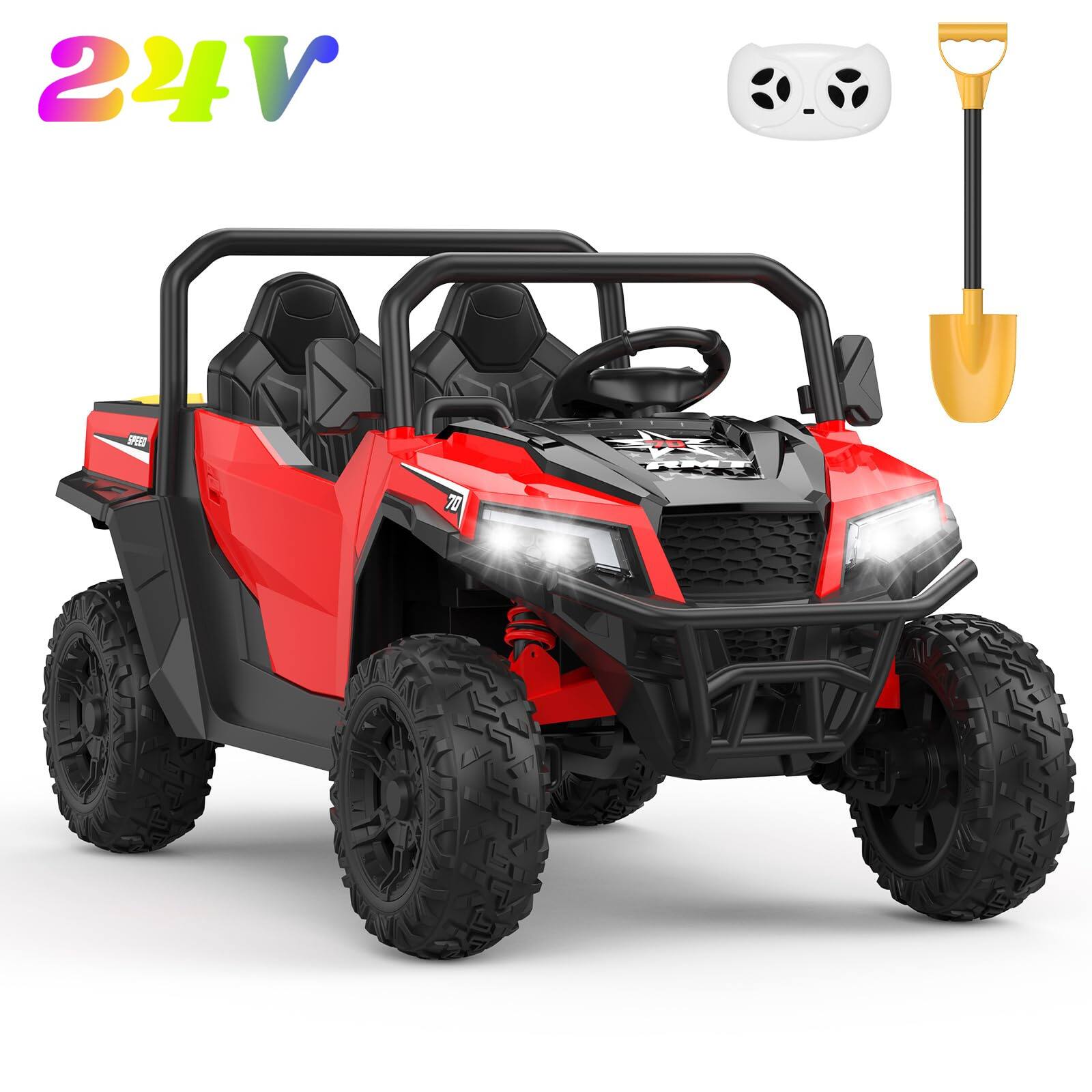 Jojoka - 24V 2-Seater Ride On Dump Truck for Kids, 4WD Electric Car with Remote,Dump Bed, Shovel - Red