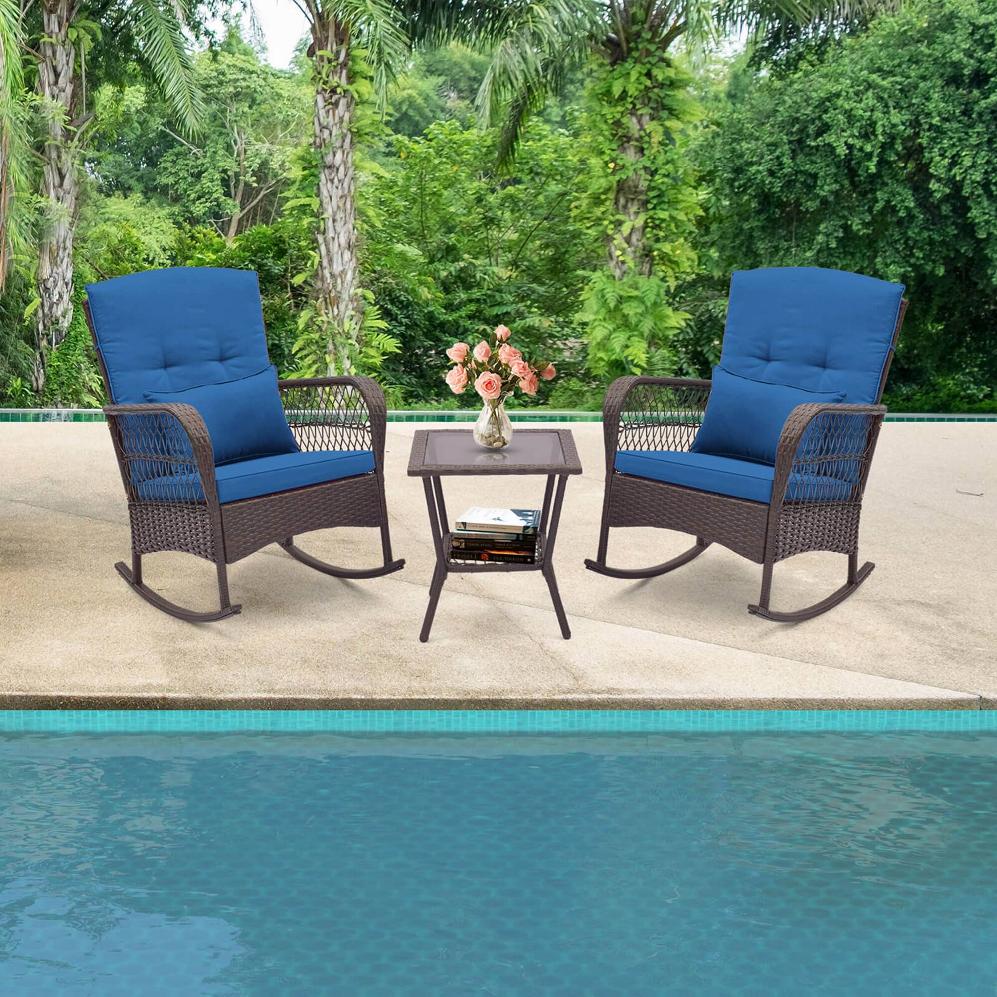 Alt View 2. Costway - 3 PCS Patio Rocker Set Outdoor Wicker Rocking Chairs with Double-Layer Coffee Table - Navy.