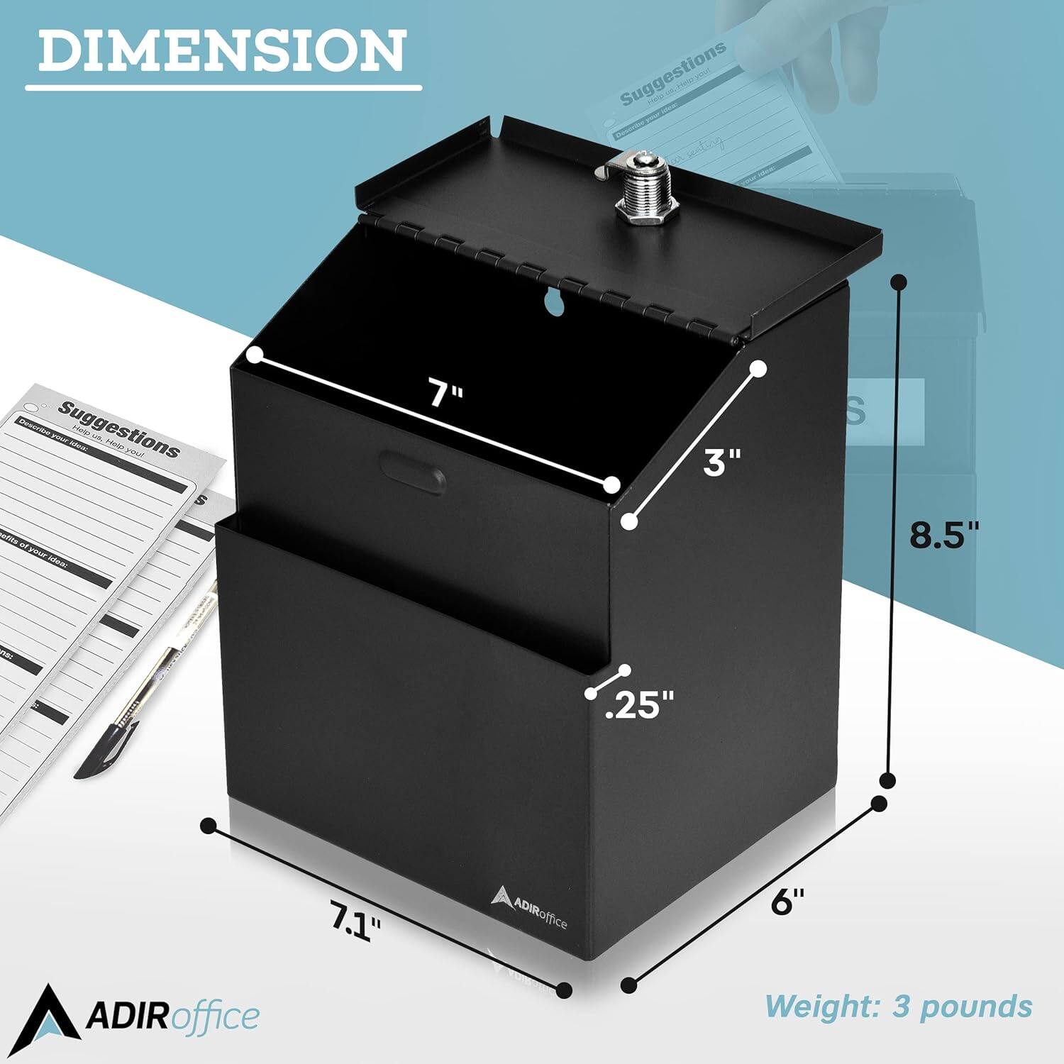 DIMENSION

Suggestions seating
Describe your Suggestions Help us. book. Help you! etits of your Idea:

7"
3"
8.5"
.25"
7.1"
6" Weight: 3 pounds