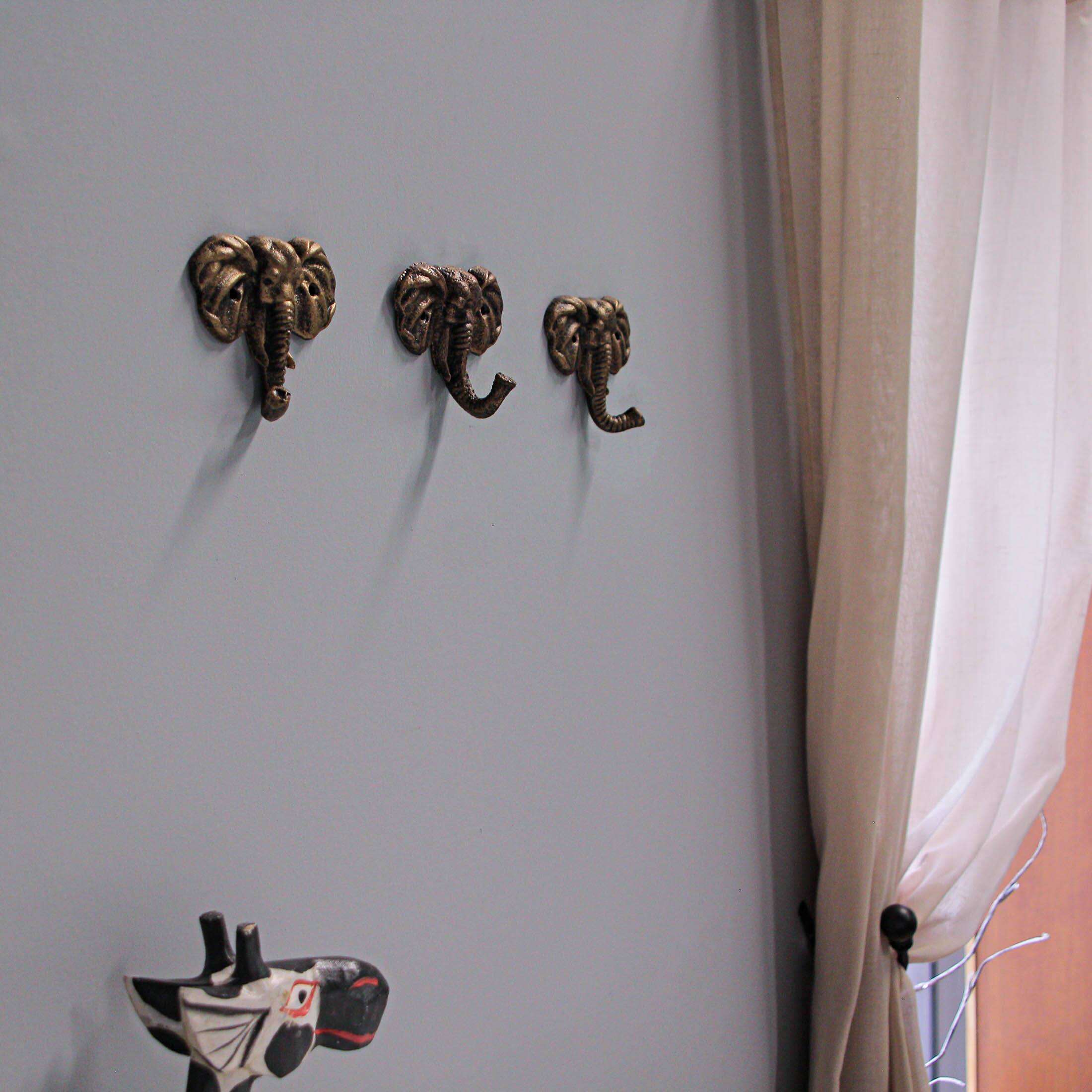 Alt View 4. Zeckos - 4 Inch Cast Iron Elephant Antique Gold Decorative Wall Hooks Coat Towel Set of 3 - Gold.