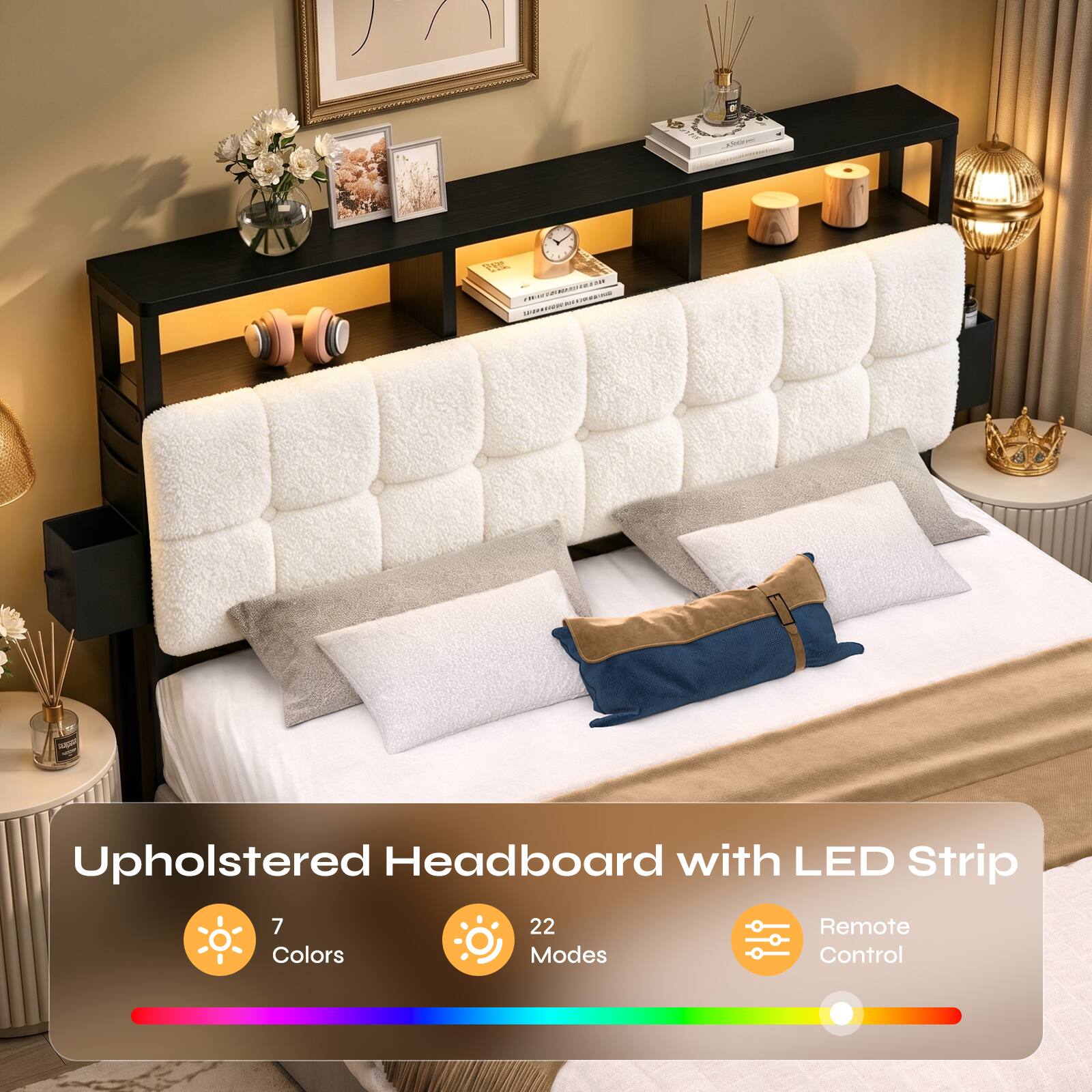 Upholstered Headboard with LED Strip  
7 Colors  
22 Modes  
Remote Control