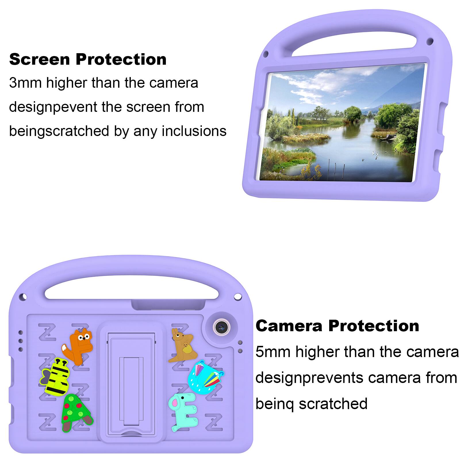 Screen Protection  
3mm higher than the camera design prevents the screen from being scratched by any inclusions

Camera Protection  
5mm higher than the camera design prevents the camera from being scratched