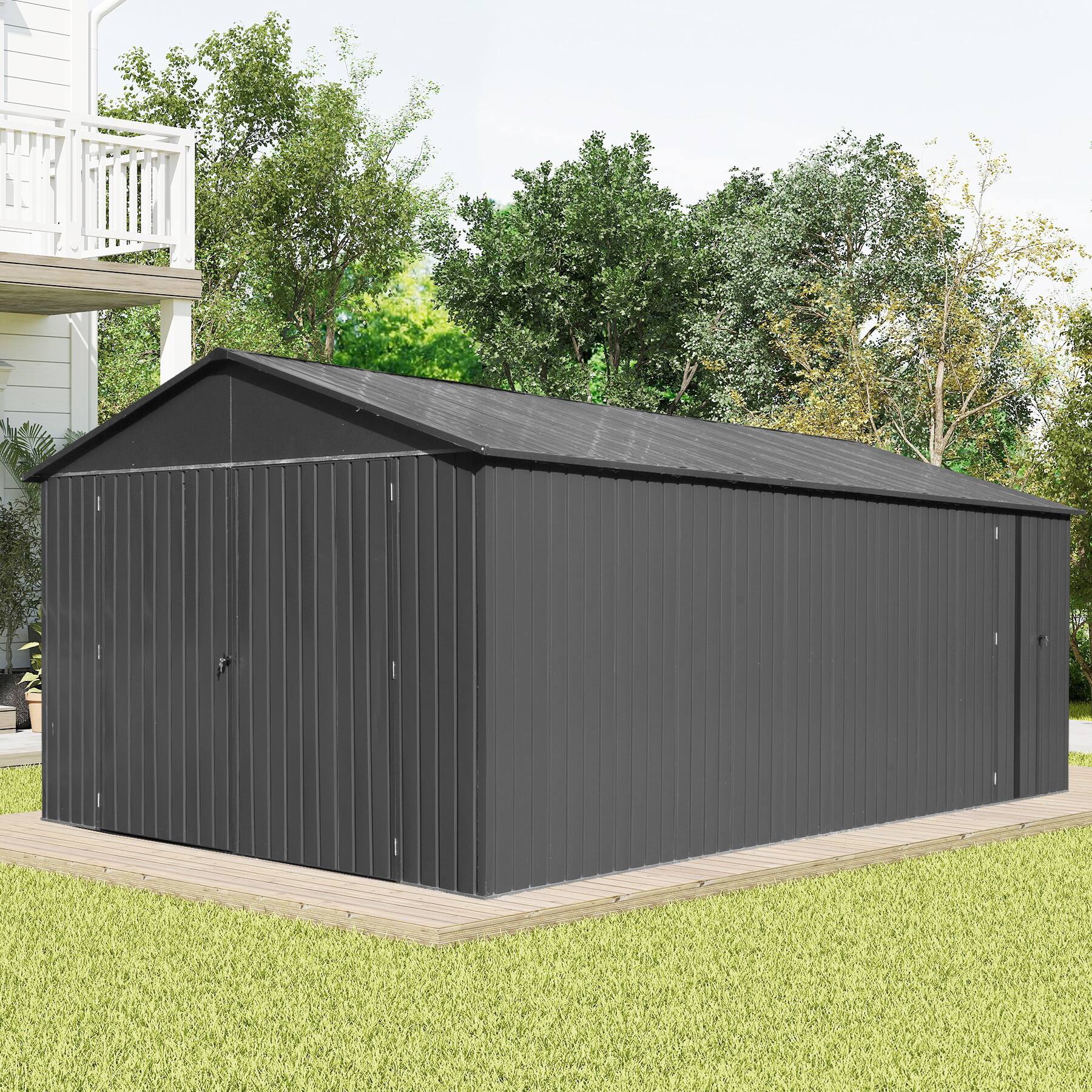 Left. Mondawe - 12x15FT Metal Garage Shed, Extra-Large Carport with Lockable Double Doors - Dark Gray.