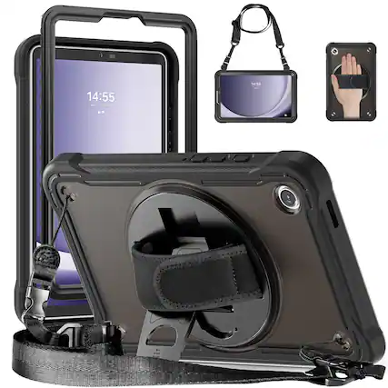 Dteck - Rugged Case for Samsung Galaxy Tab A11+ 2025 11'' Shockproof Handstrap Foldable Kickstand Cover + Crossbody Strap - Black