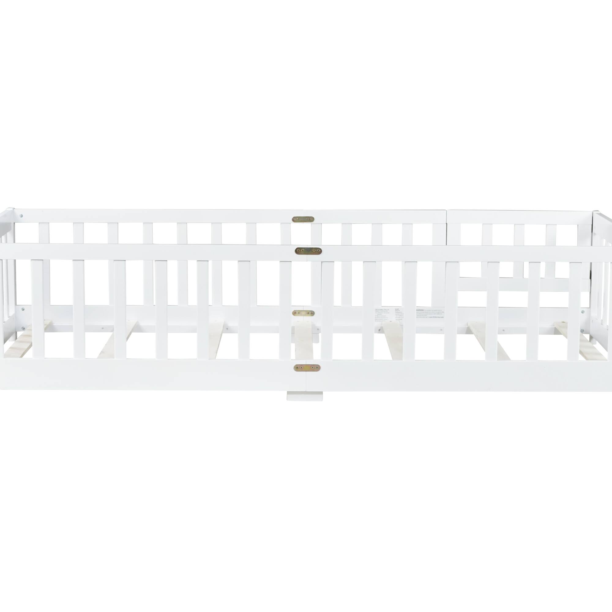 Alt View 2. GOODSILO - Twin Size Floor Bed with Safety Fence and Door for Kids, Sturdy Rubber Wood Construction - White.