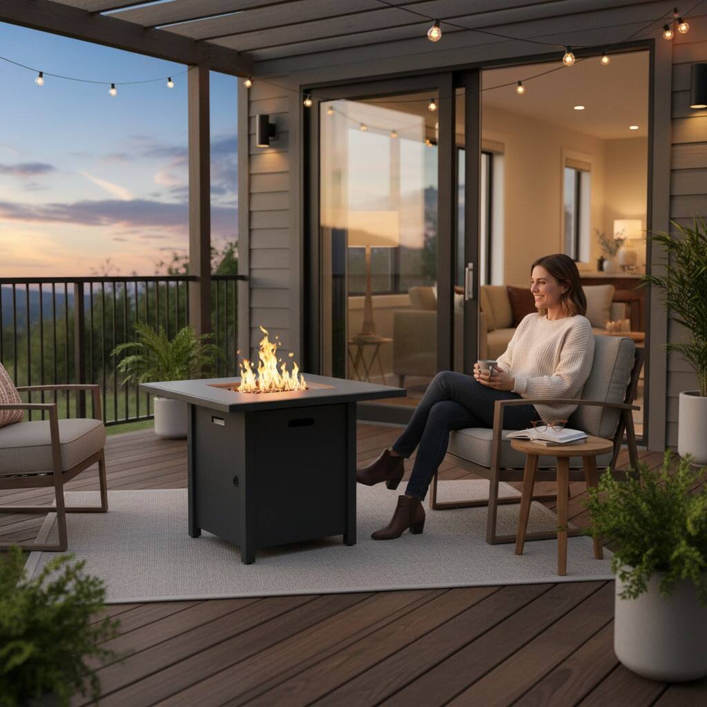 Left. Mondawe - 30" Powdercoated Metal Fire Pit with Smoked Glass Top - Grey.