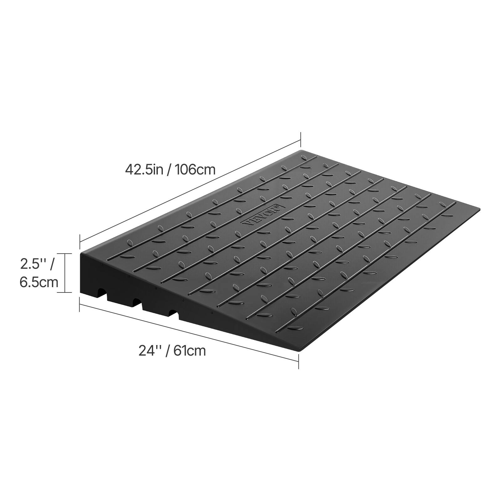 42.5in / 106cm  
2.5" / 6.5cm  
24" / 61cm