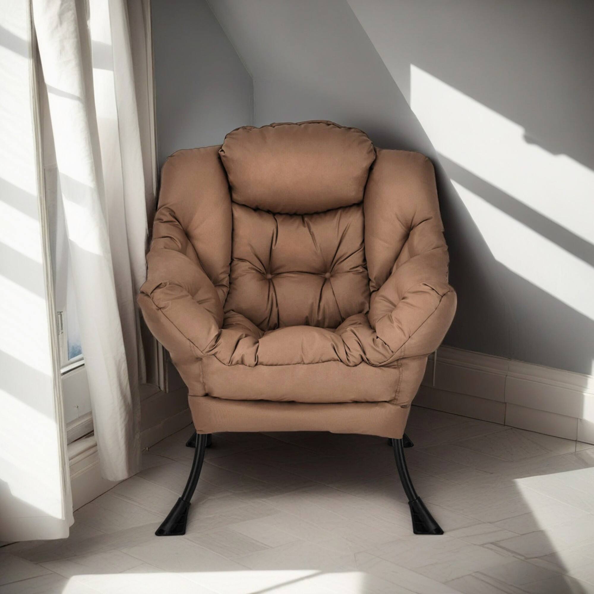 Alt View 4. Pefilos - Polyester Fabric Large Lazy Chair, Modern Accent Oversized Comfy Reading with Steel Frame and Side Pocket, for Living - Brown.