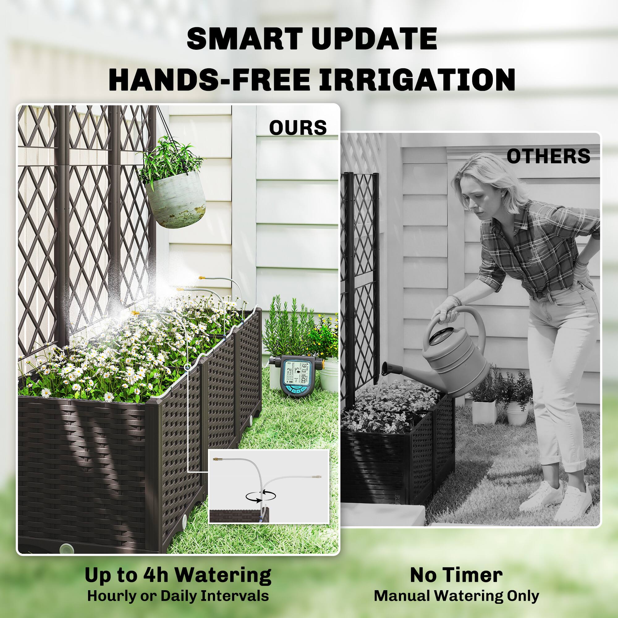 SMART UPDATE  
HANDS-FREE IRRIGATION  

OURS  
Up to 4h Watering  
Hourly or Daily Intervals  

OTHERS  
No Timer  
Manual Watering Only
