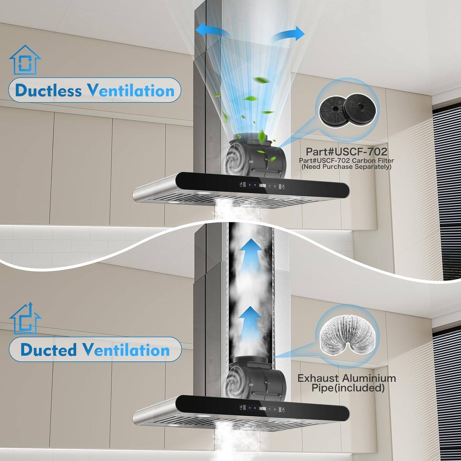 Ductless Ventilation  
Part#USCF-702  
Part#USCF-702 Carbon Filter (Need Purchase Separately)  

Ducted Ventilation  
Exhaust Aluminium Pipe (included)