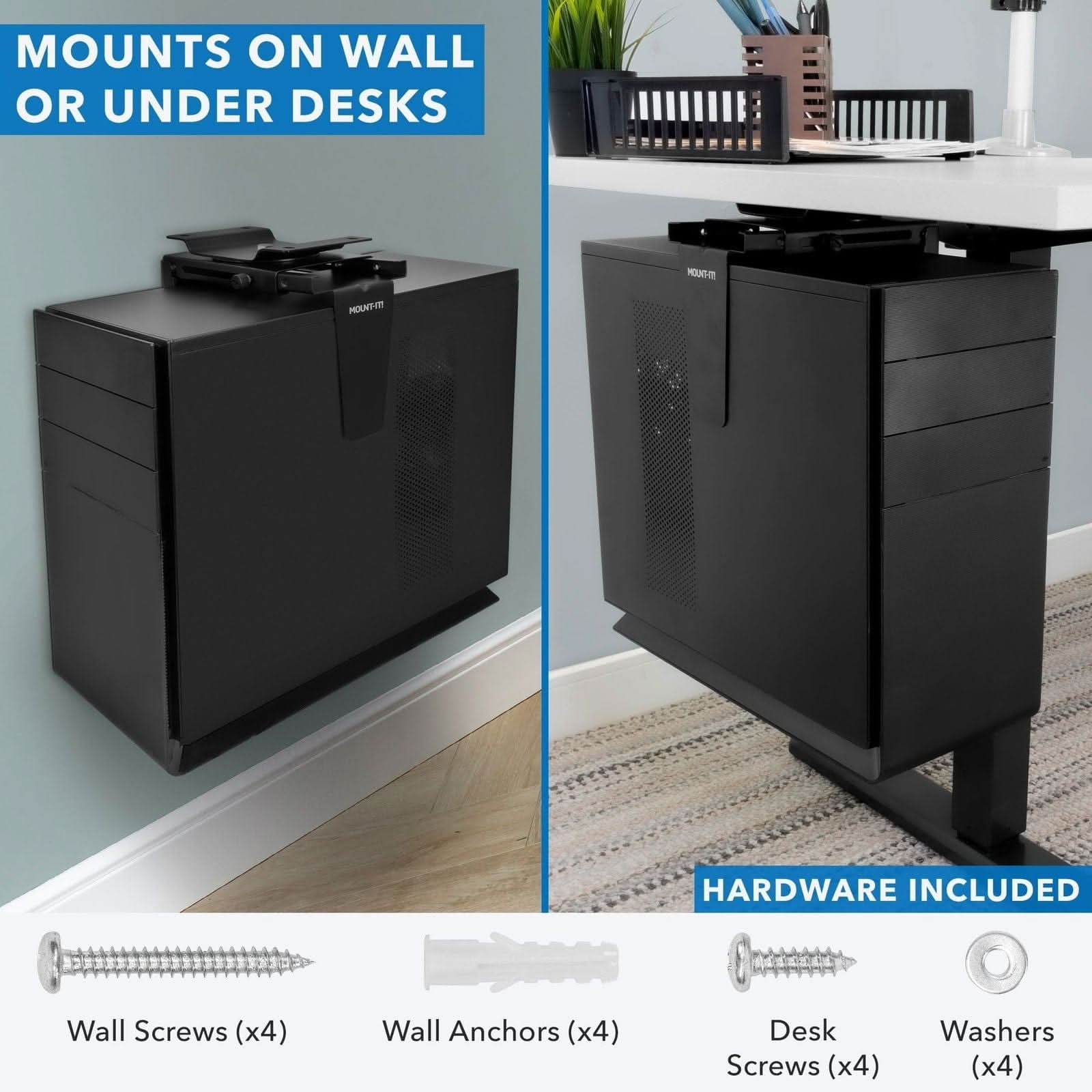 MOUNTS ON WALL OR UNDER DESKS

-A HARDWARE INCLUDED

Wall Screws (x4)
Wall Anchors (x4)
Desk Screws (x4)
Washers (x4)