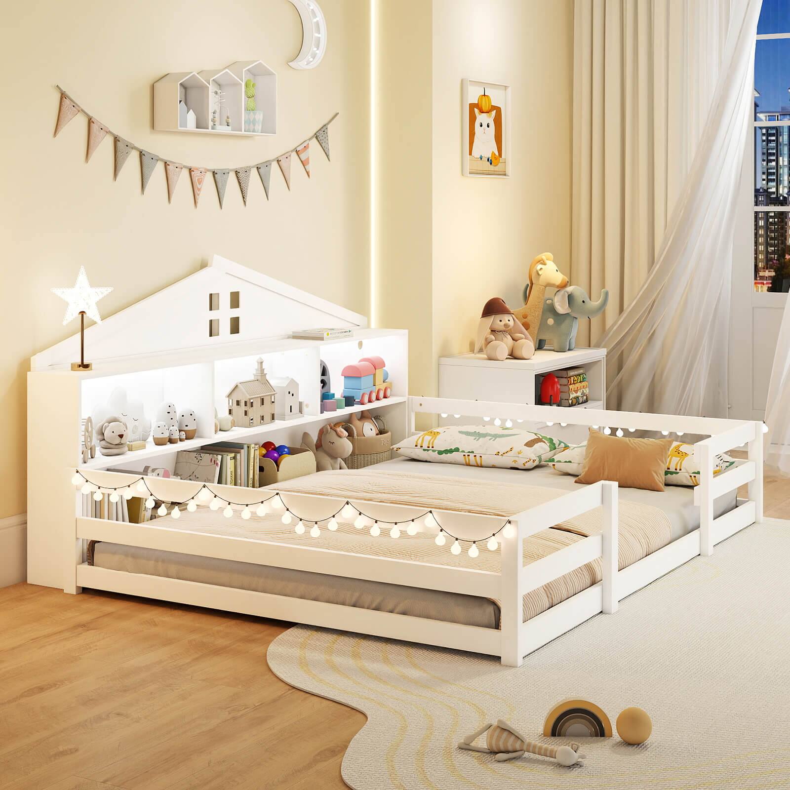 Alt View 3. Costway - Costway Full Size Montessori Floor Bed with LED Lights Safety Guardrails Compartments Shelf - White.