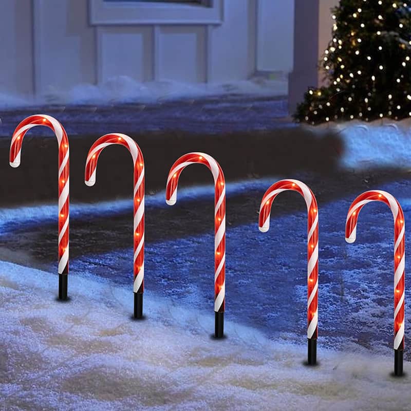 Front. Auledio - 1 string Solar Ground Lights with 5 Christmas Candy Canes light, Path Marker Decoration for Christmas,Gardens,Sidewalks - red.