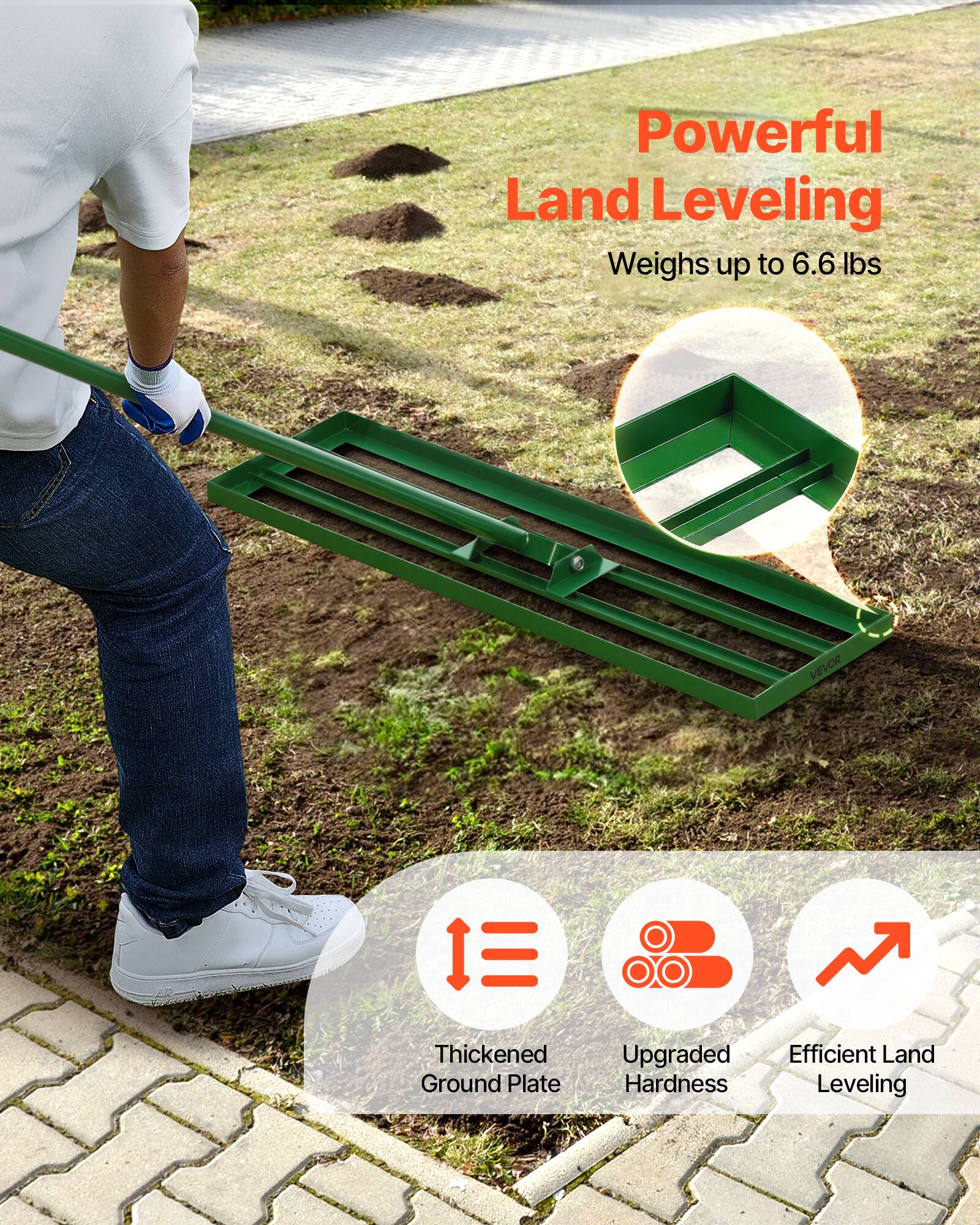 Powerful Land Leveling  
Weighs up to 6.6 lbs  

Thickened Ground Plate  
Upgraded Hardness  
Efficient Land Leveling