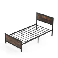 Costway Twin Size Metal Bed Frame with Headboard & Footboard Metal Slats Support - Brown - Front_Zoom
