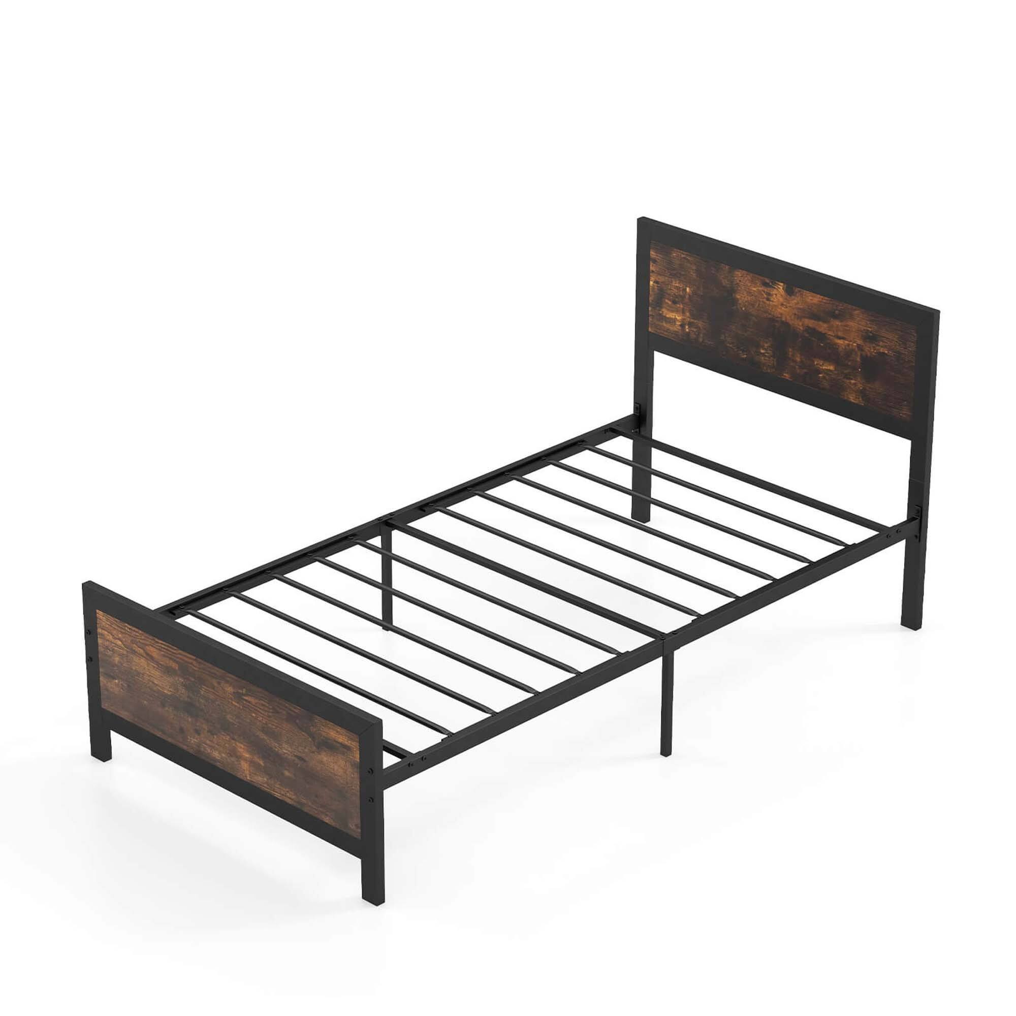 Costway - Twin Size Metal Bed Frame with Headboard & Footboard Metal Slats Support - Brown