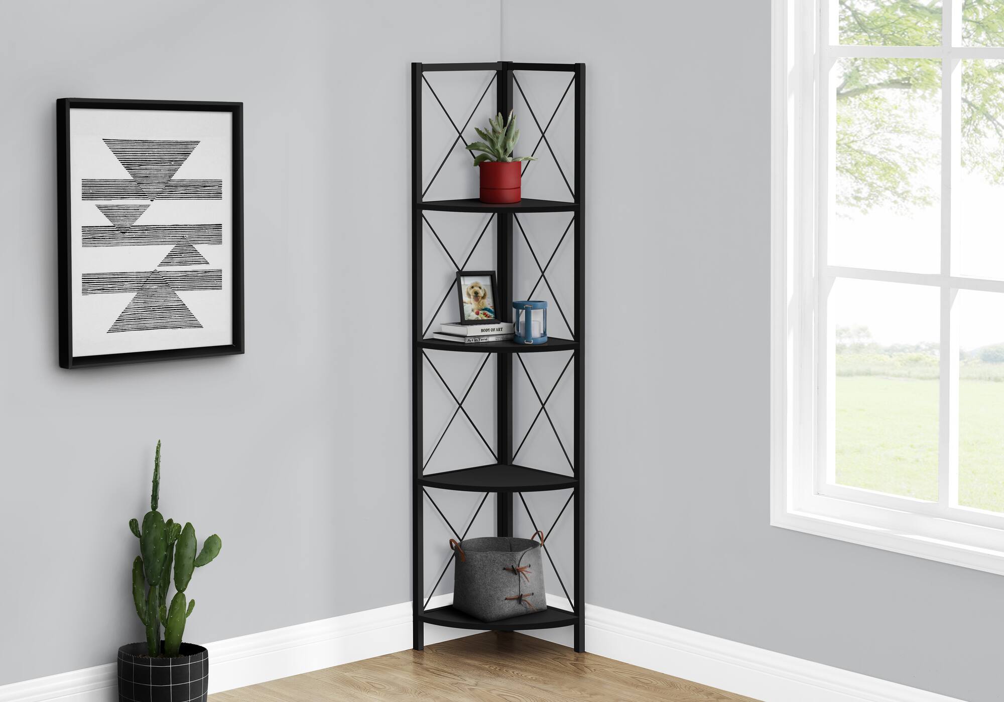 TinyHomie - Bookshelf Bookcase Etagere Corner 4 Tier 60in H Laminate Metal - Black