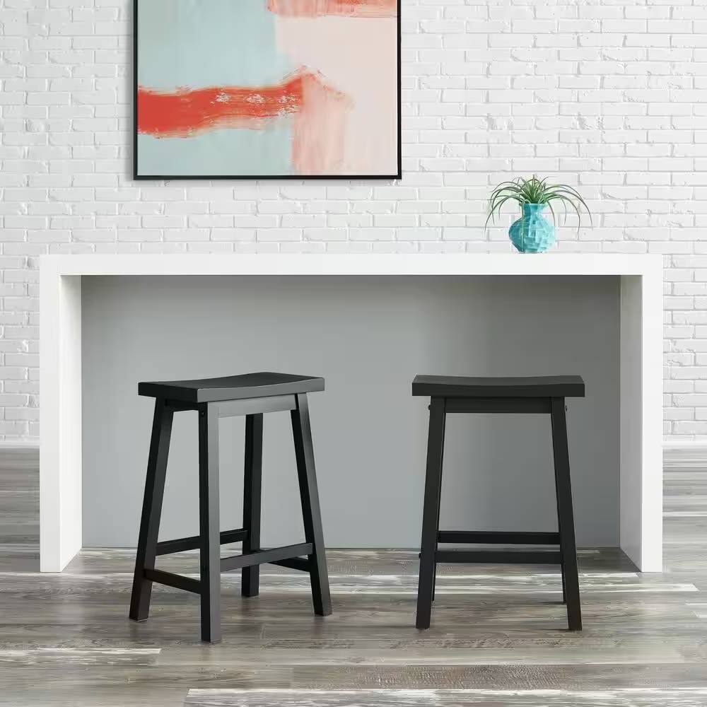 Angle. Hivvago - Set of 2 Farmhouse Counter Height Saddle Barstool in Charcoal Black Wood Finish - black.