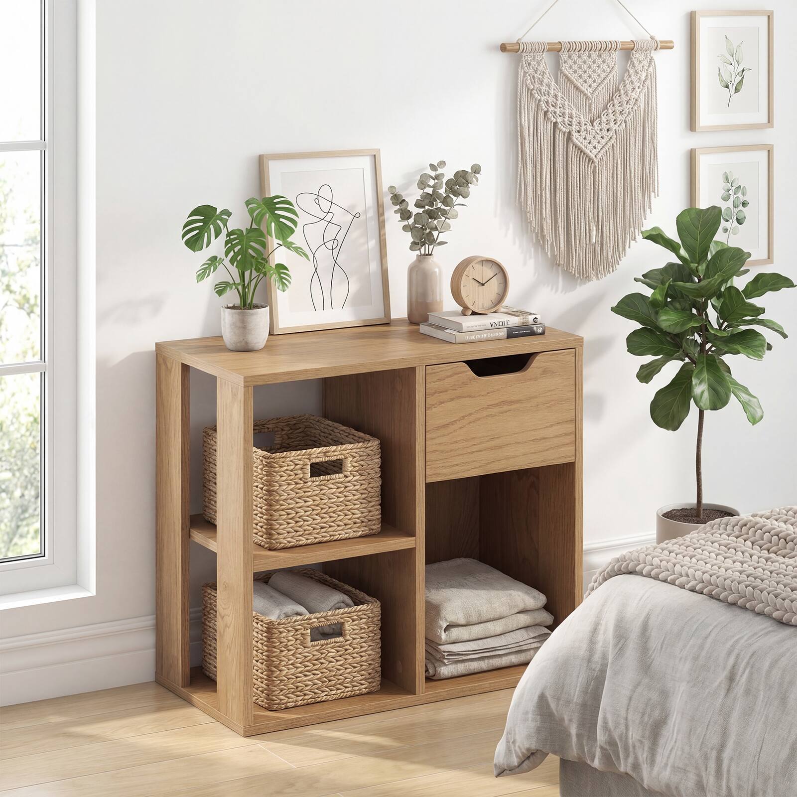 Alt View 3. Costway - Costway 1 PCS 3-Cube Bookshelf with Drawer, Freestanding Storage & Display Shelf for Living Room - Natural.