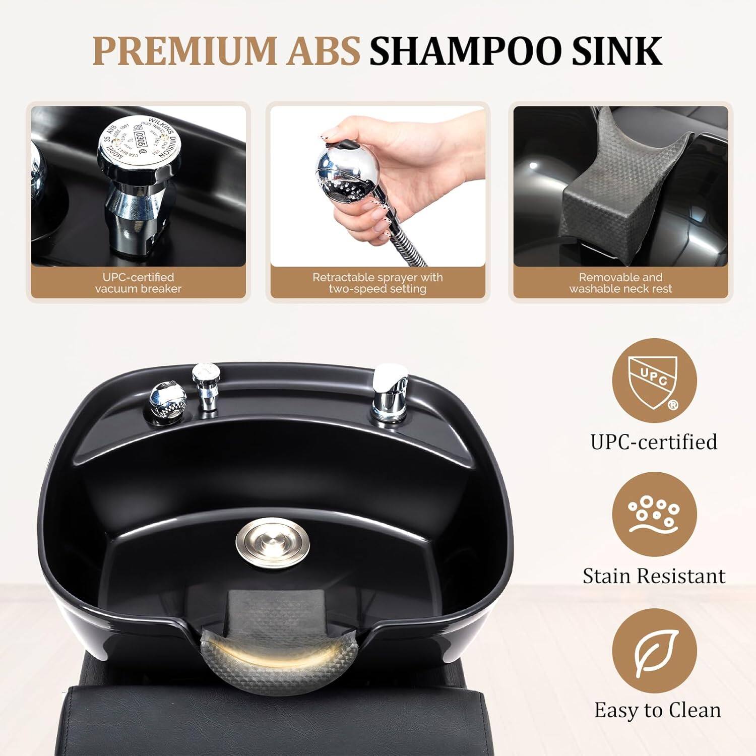PREMIUM ABS SHAMPOO SINK

- UPC-certified vacuum breaker
- Retractable sprayer with two-speed setting
- Removable and washable neck rest
- UPC-certified
- Stain Resistant
- Easy to Clean